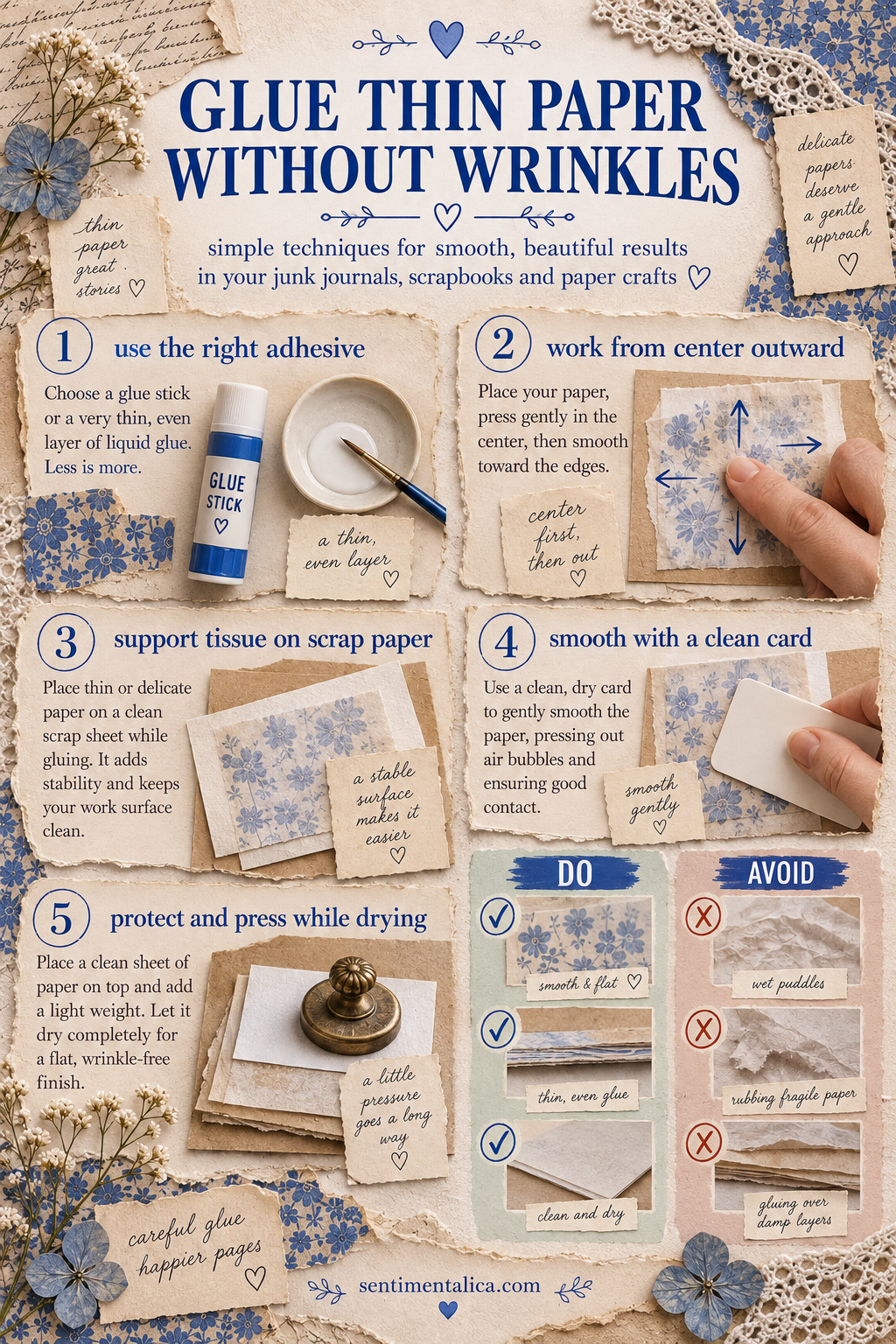 Infographic showing five ways to glue thin paper without wrinkles