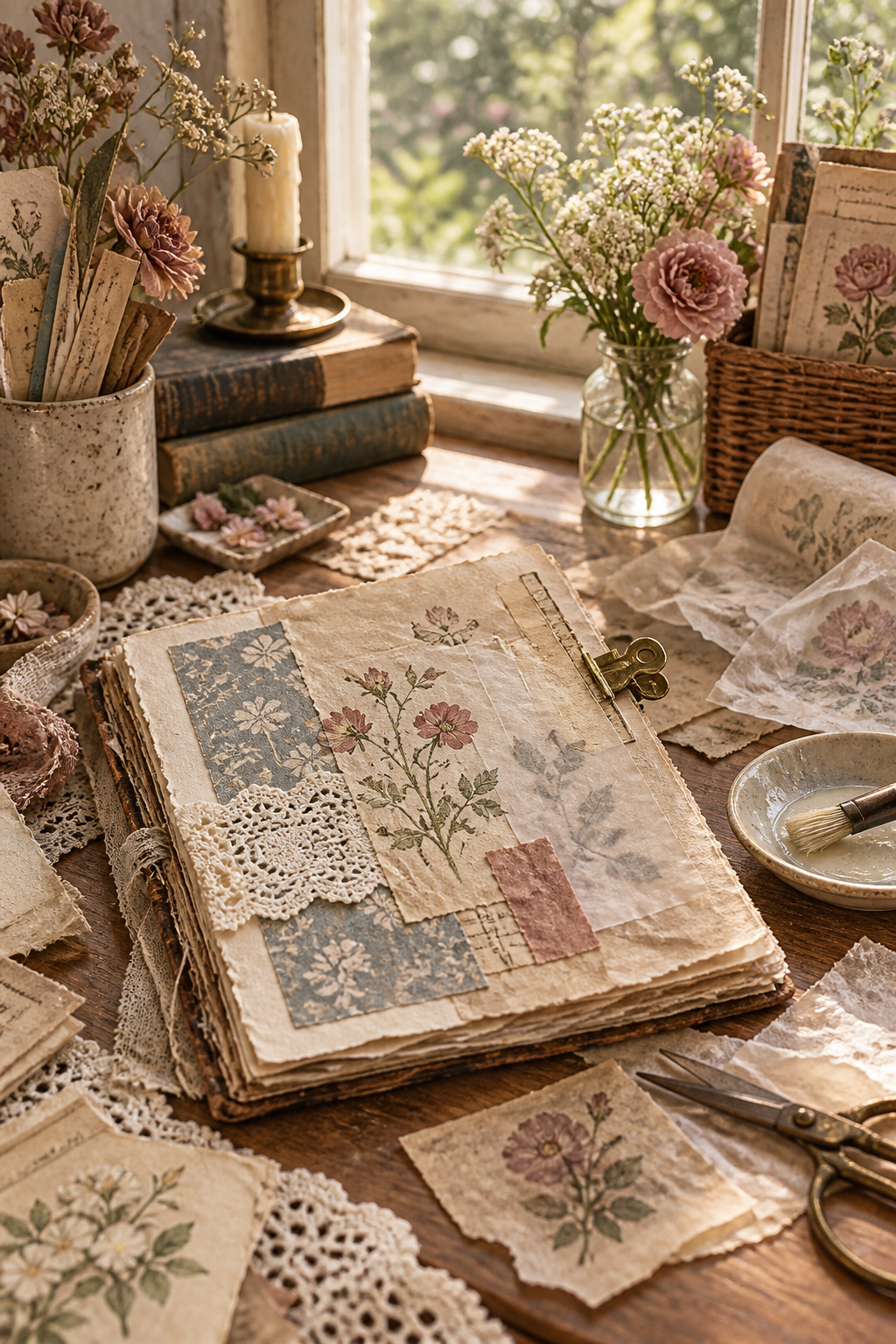 A warm journal desk with delicate layered papers and glue tools