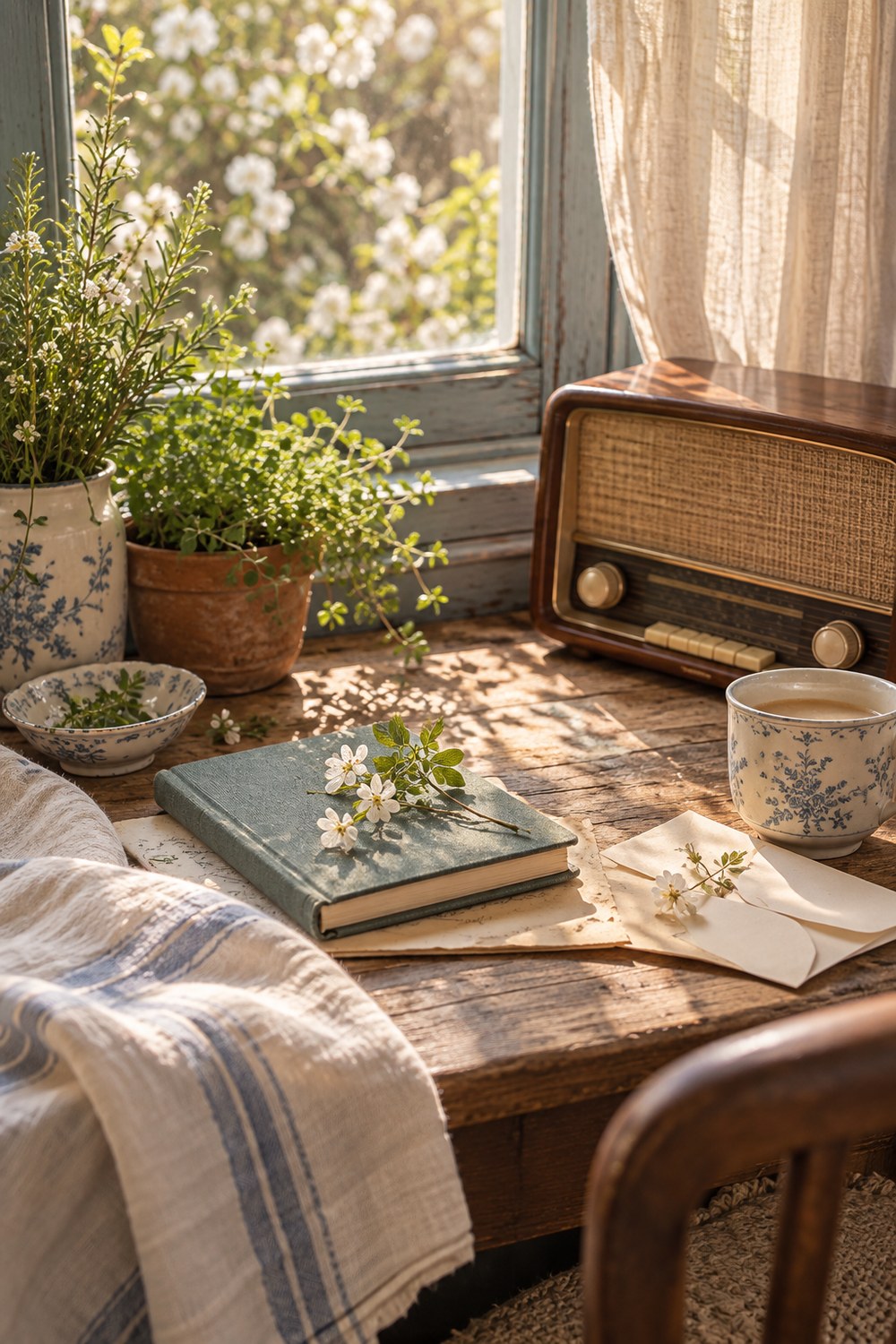 Atmospheric a window seat near an old radio in faded blue, sage, cream, and walnut