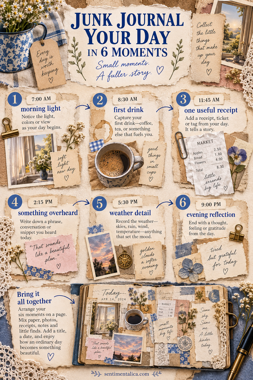 Six-moment timeline for junk journaling an ordinary day