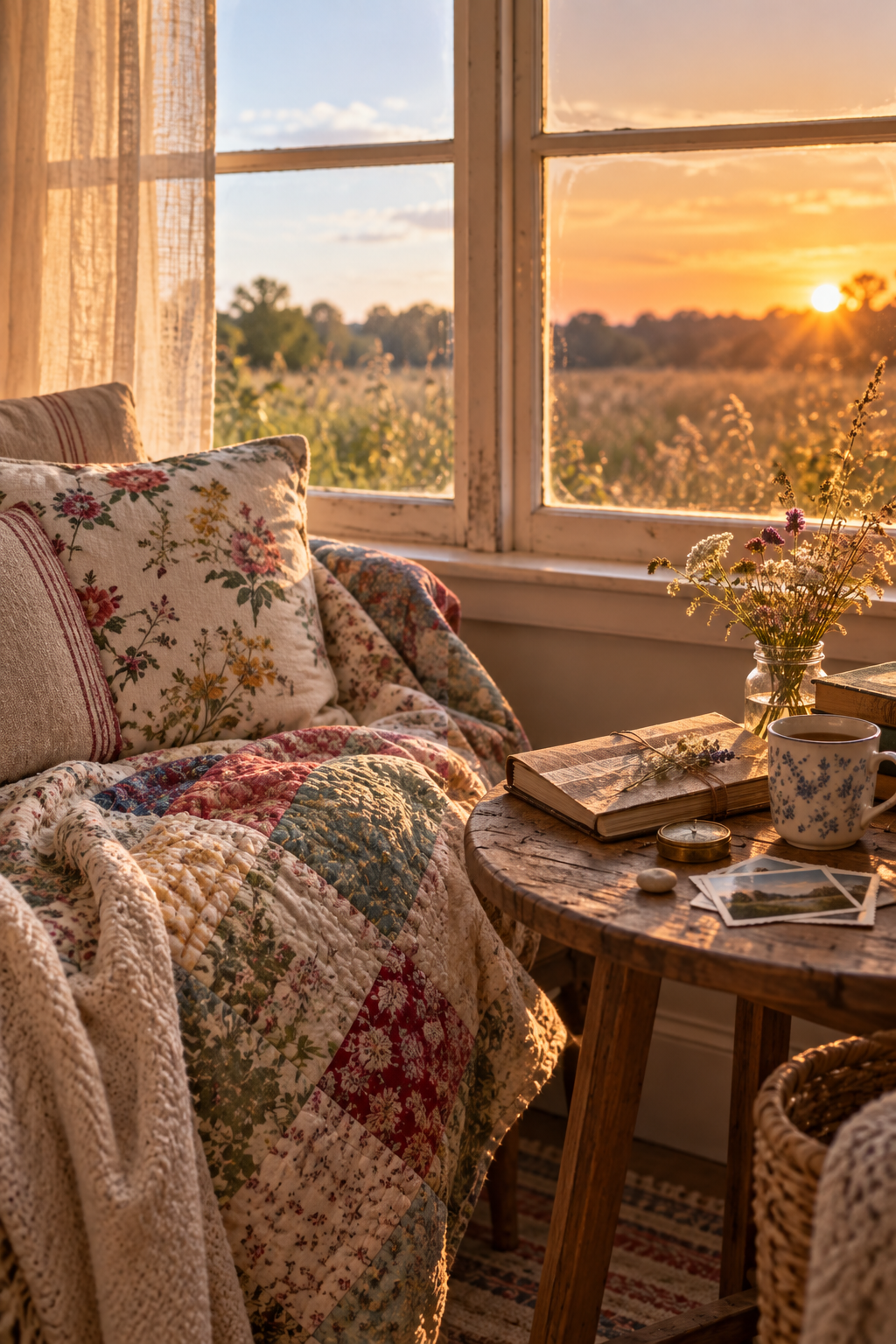 A quiet window seat at sunset with a journal and small daily keepsakes