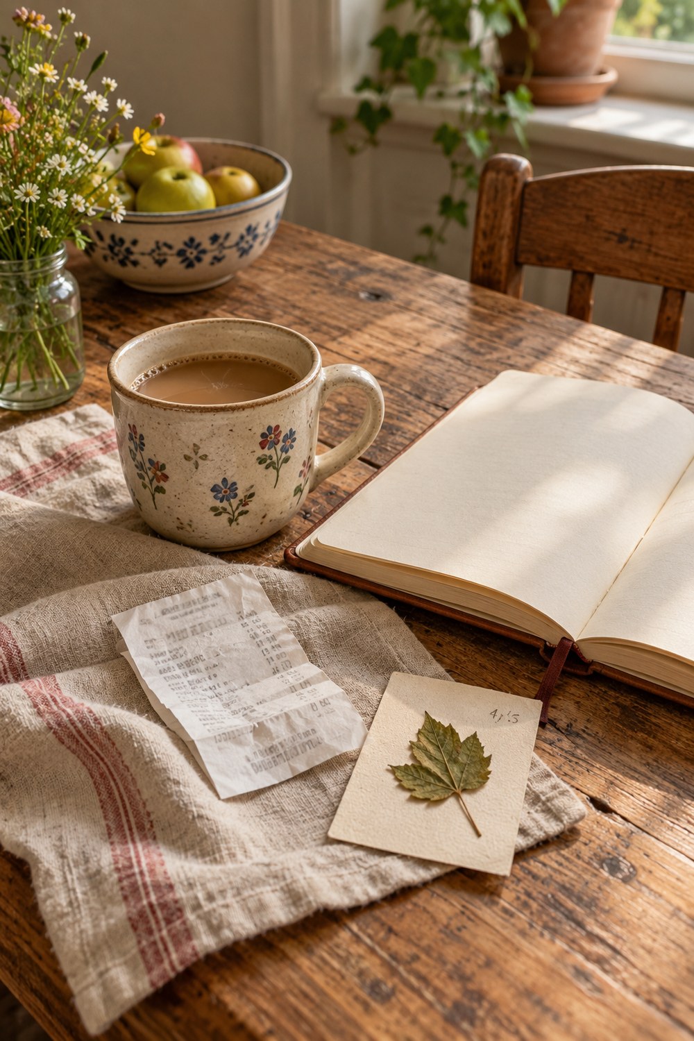 Atmospheric the kitchen table in oatmeal, moss, and warm brown