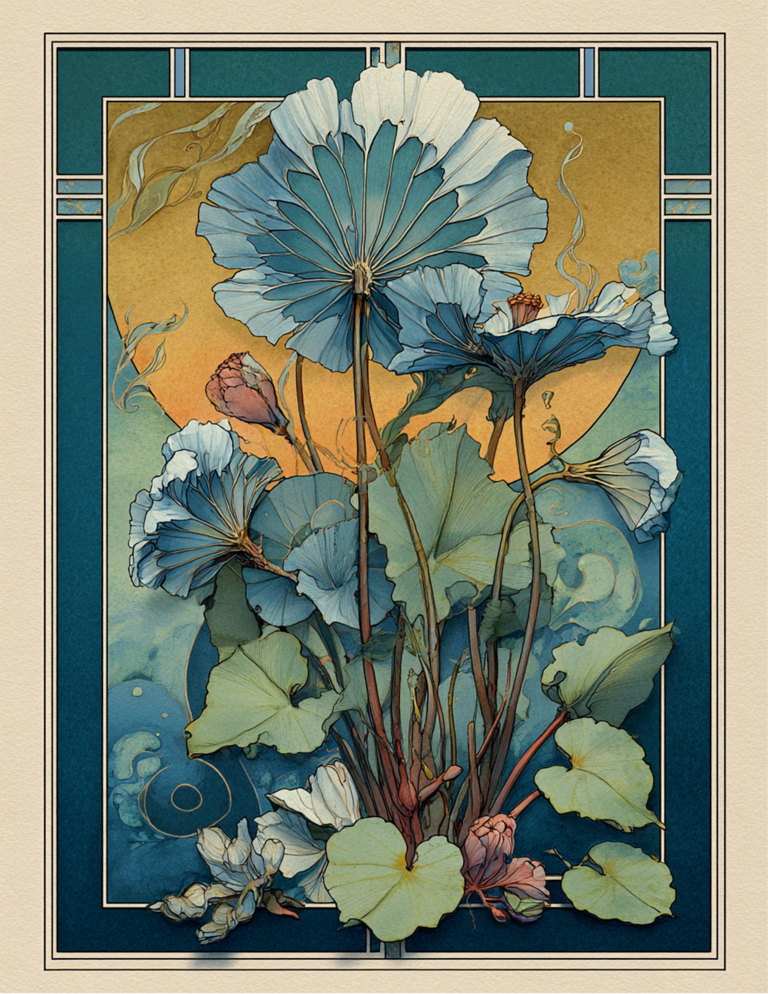Botanical Nouveau water-lily page in blue, midnight teal, and antique gold