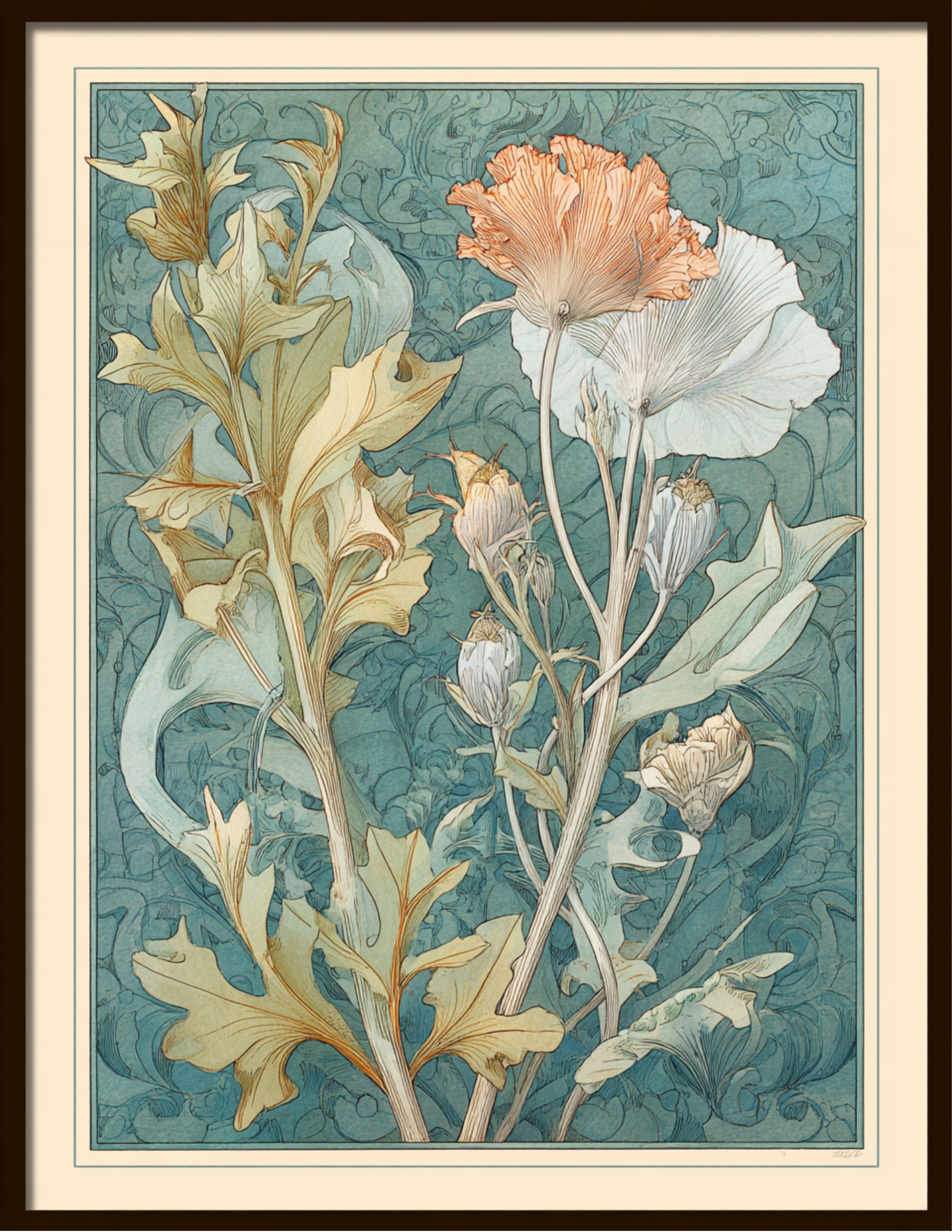 Botanical Nouveau teal page with coral and cream poppies rising through the composition