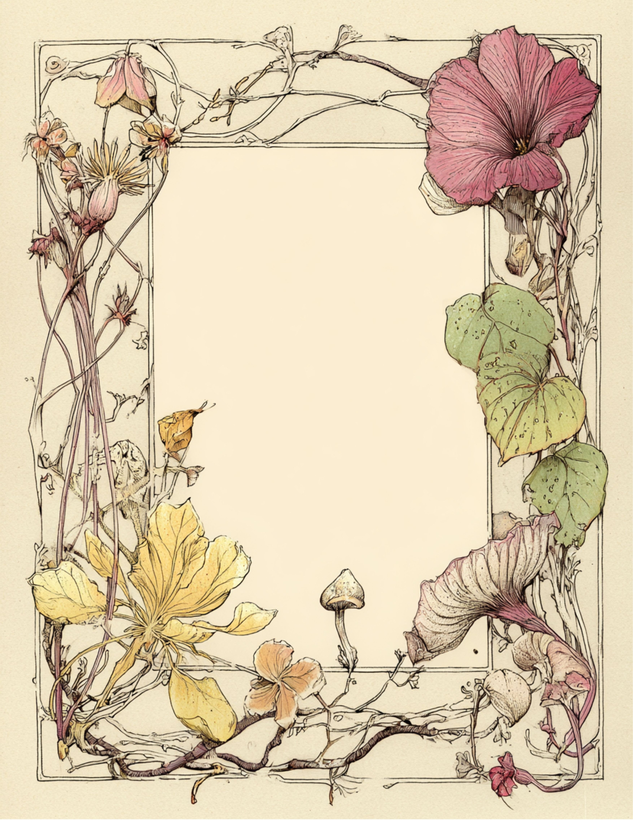 Botanical Nouveau page with a cream writing centre and flowing hibiscus border