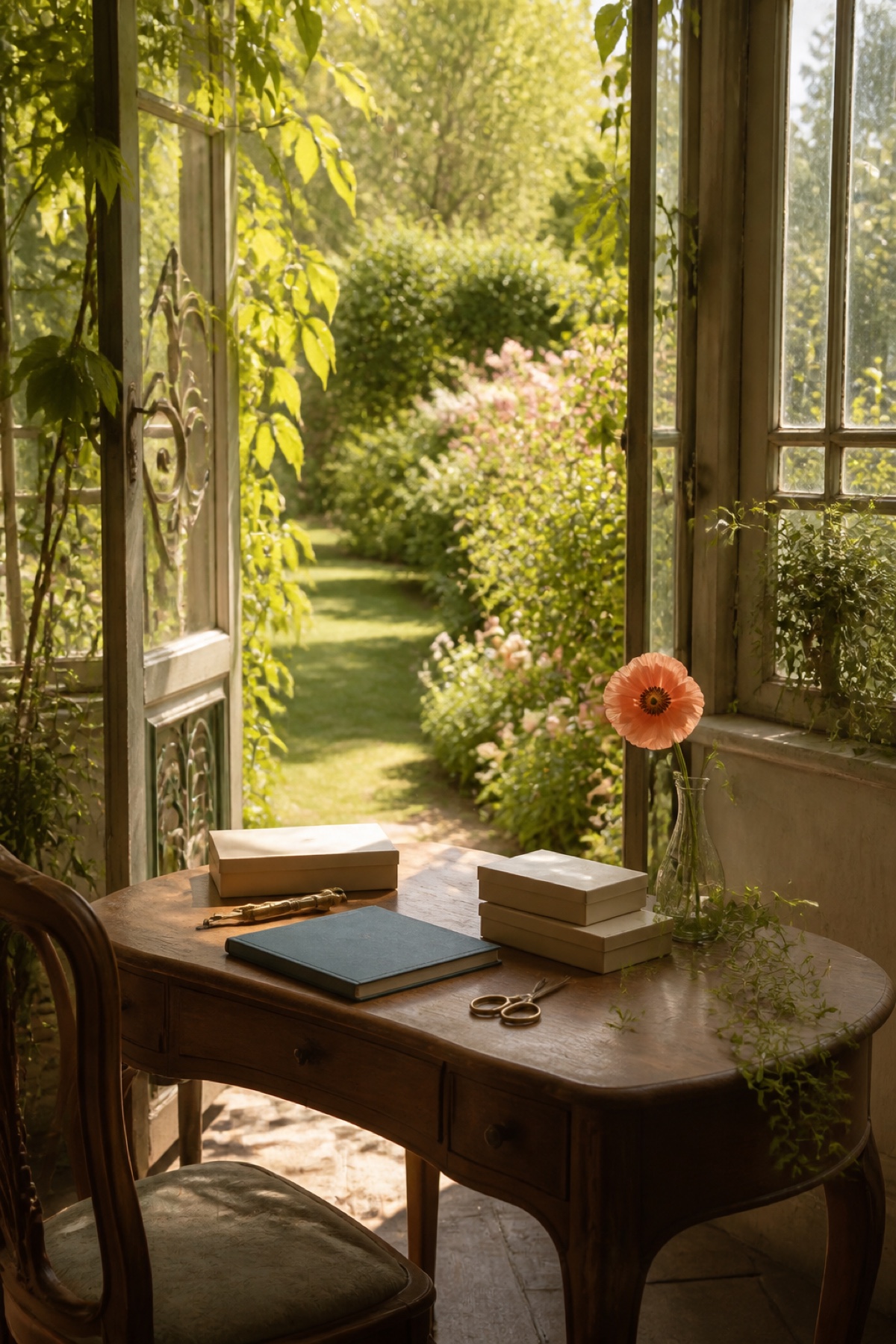 Quiet garden-room worktable with curved furniture, closed journals, botanical storage boxes, and a single coral poppy