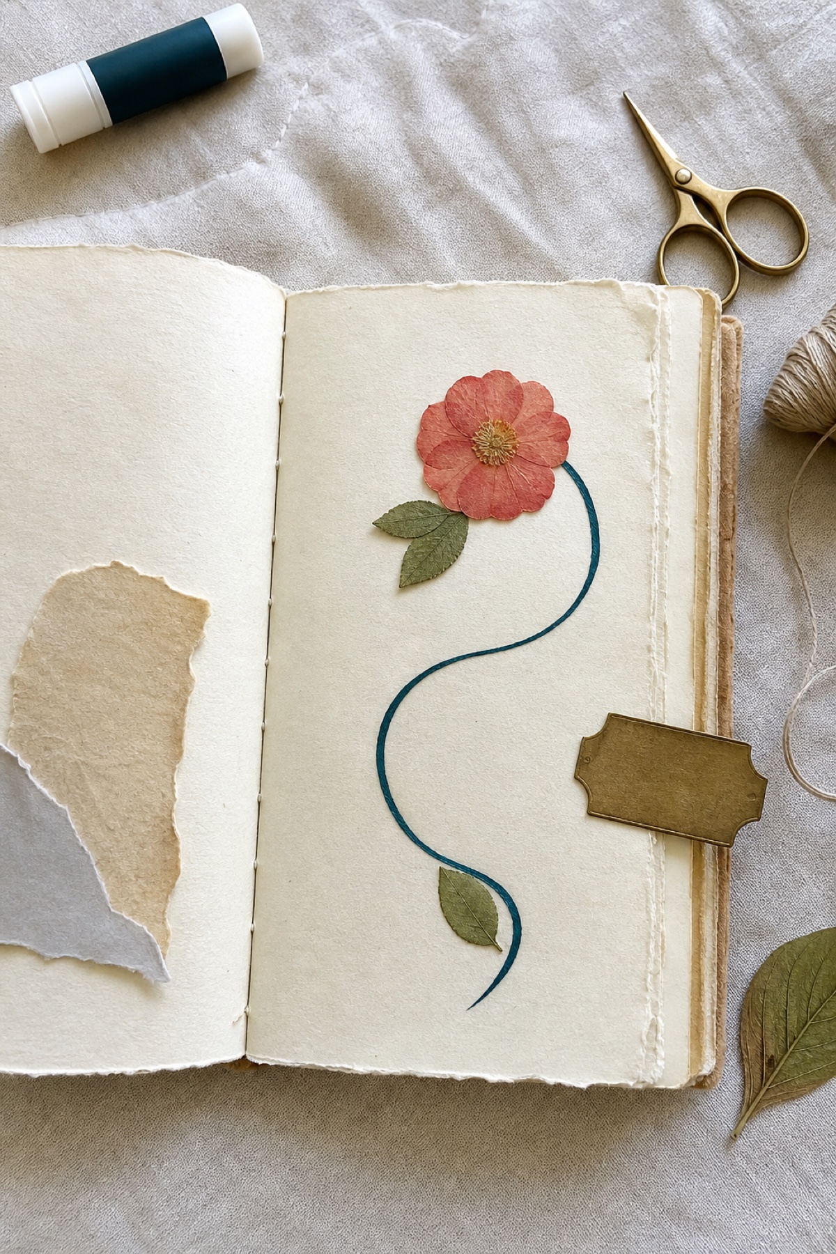 Overhead botanical journal process with a coral flower, teal curved line, leaves, and a small antique-gold ticket