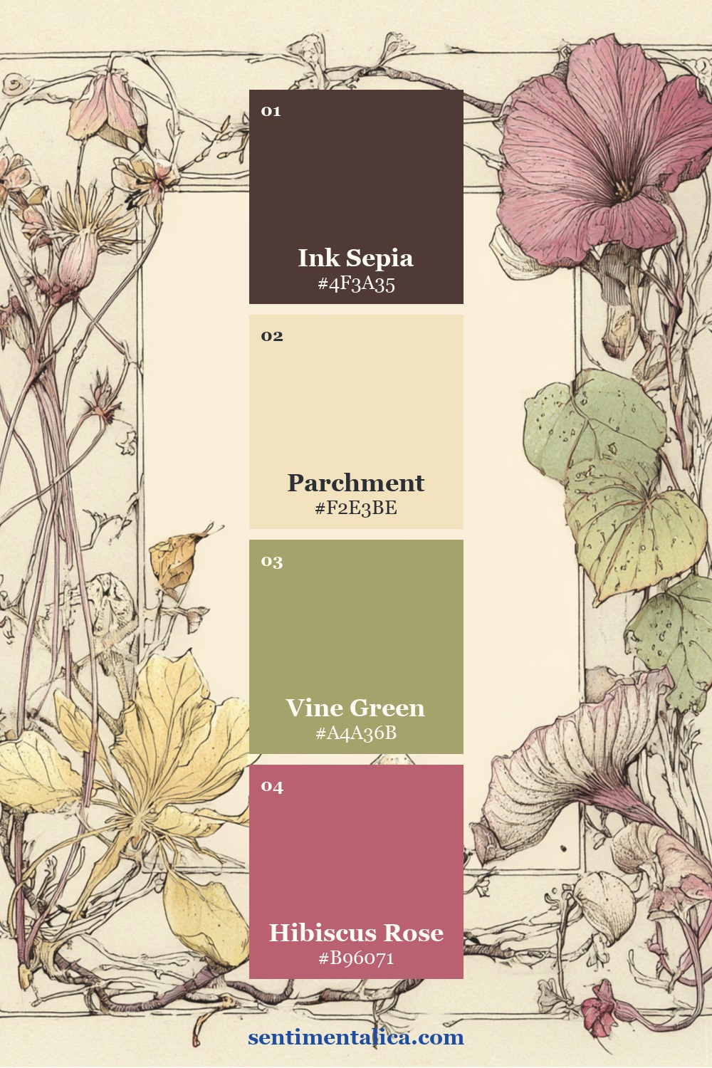 Hibiscus Line palette with ink sepia, parchment, vine green, and hibiscus rose