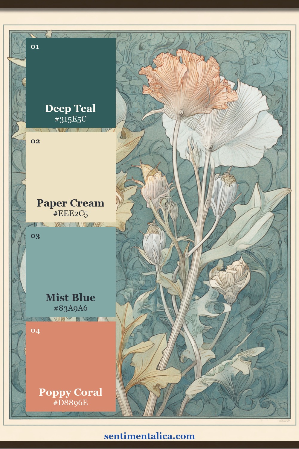 Teal Poppy palette with deep teal, paper cream, mist blue, and poppy coral