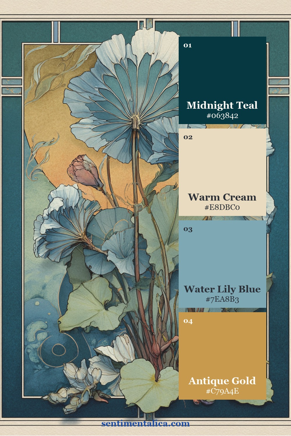 Water Lily Gold palette with midnight teal, warm cream, water-lily blue, and antique gold