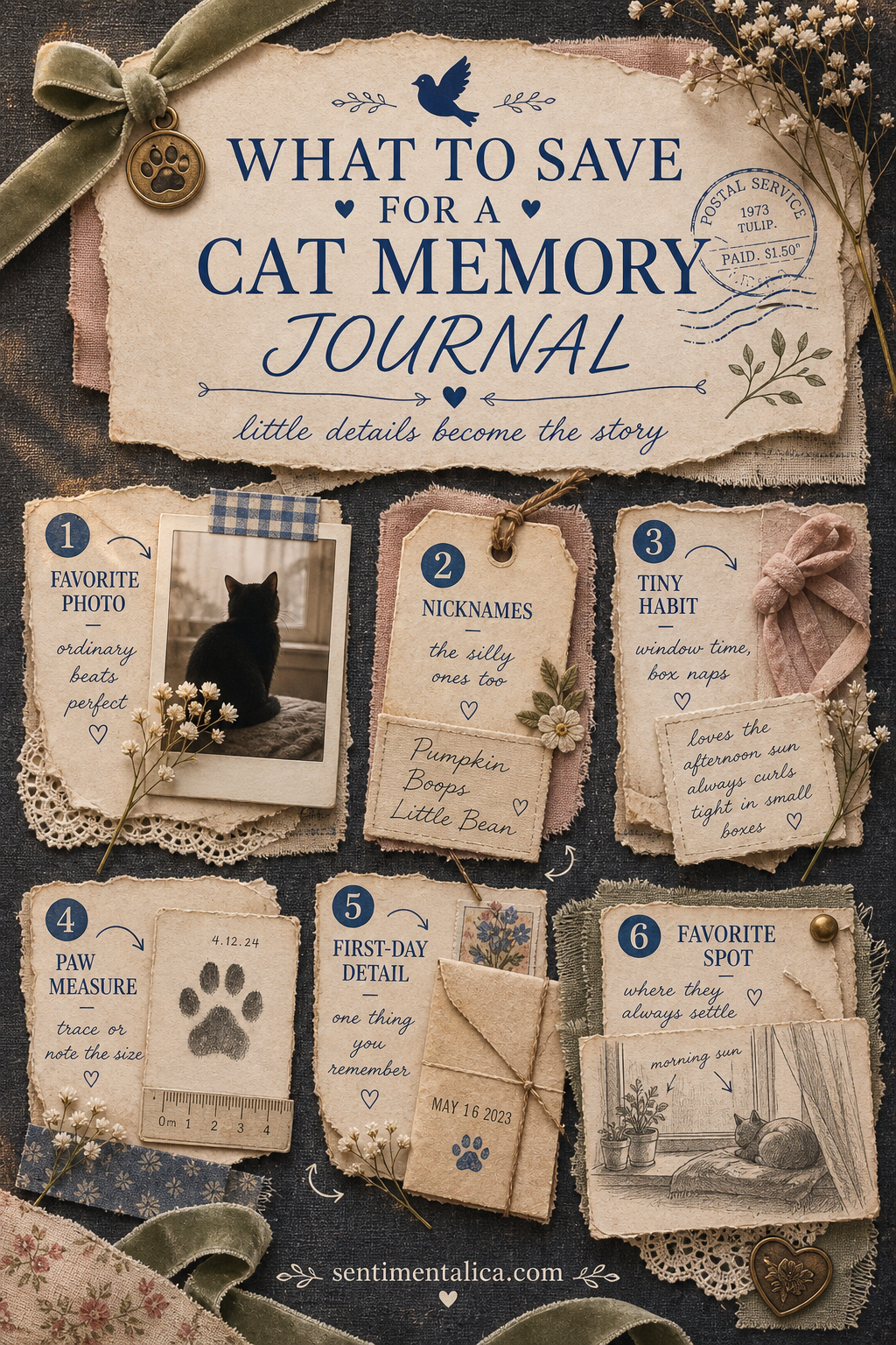 Infographic showing six details to save for a cat memory journal