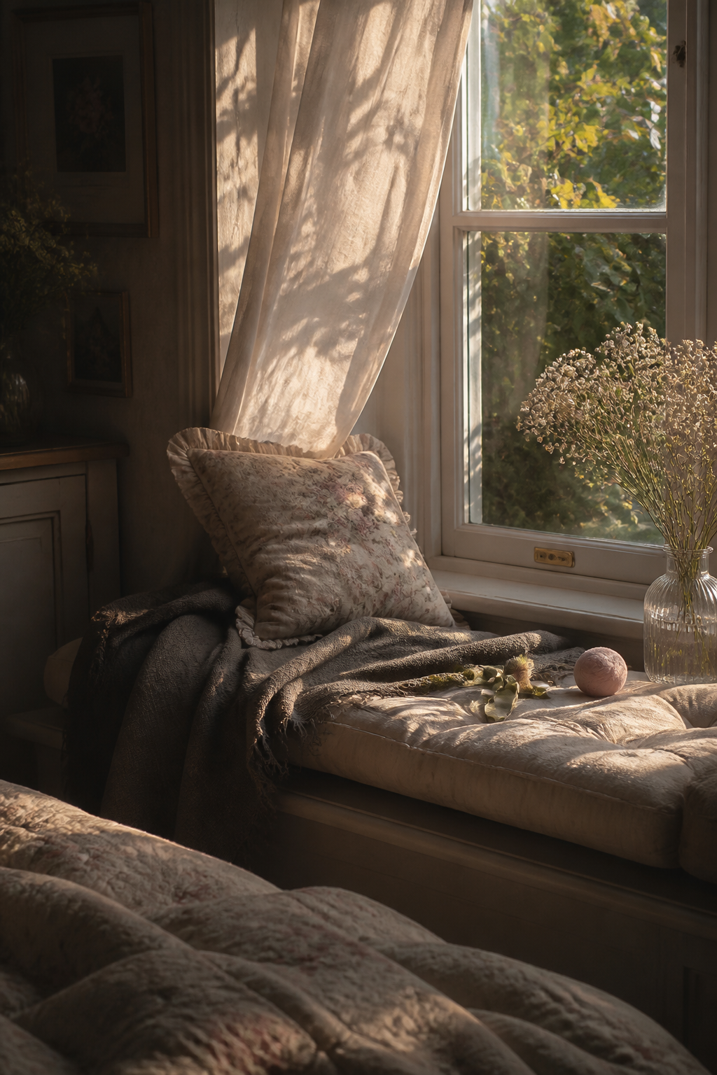 Quiet sunlit window seat with soft cushions, ribbon, and a small favorite toy