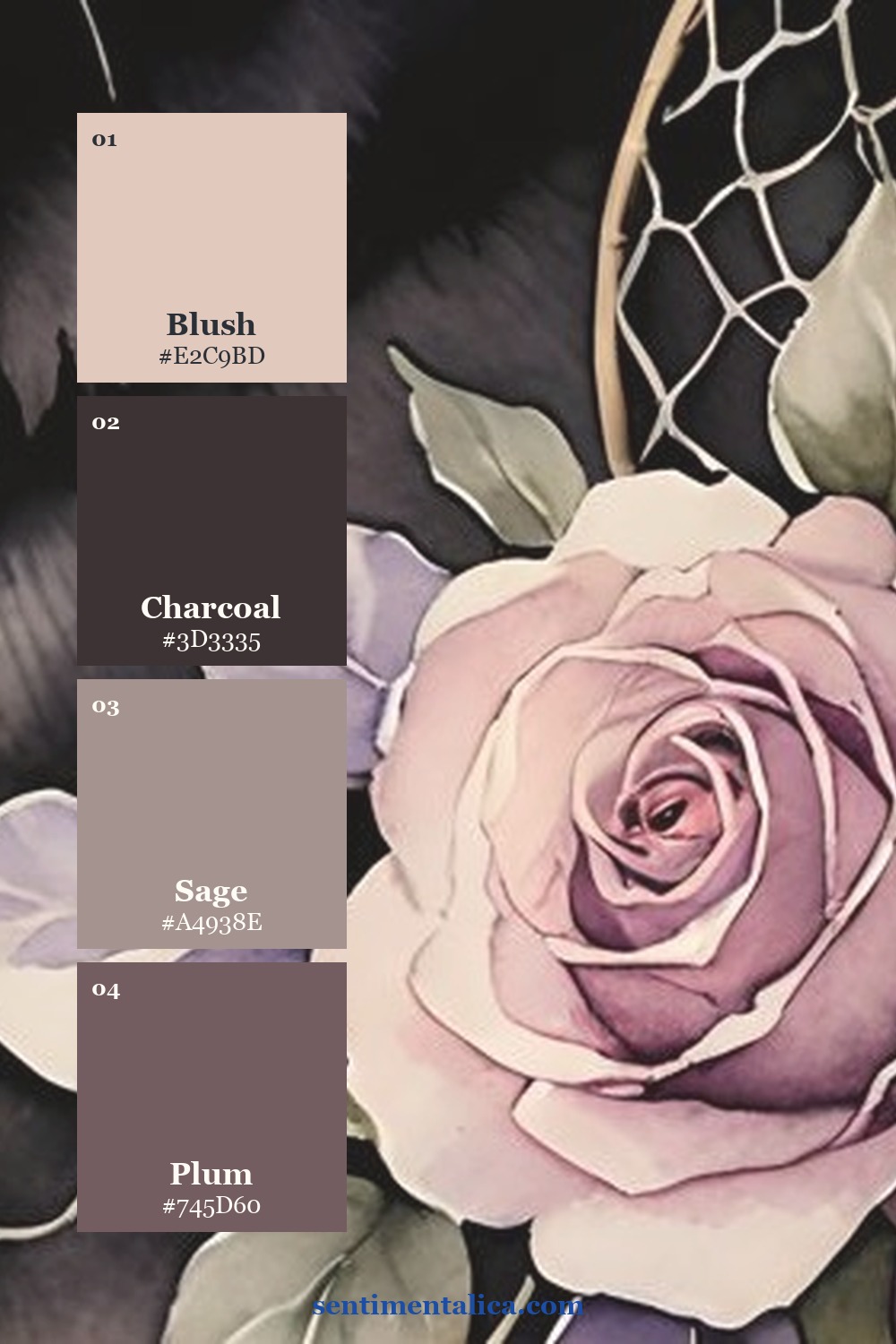 Blush, charcoal, sage, and plum cat memory journal palette