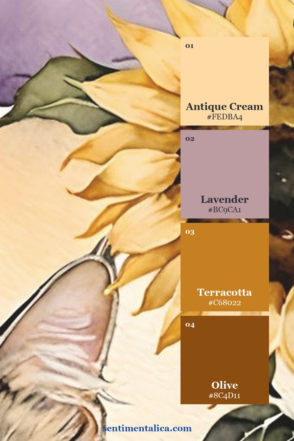 Antique cream, lavender, terracotta, and olive cat memory journal palette