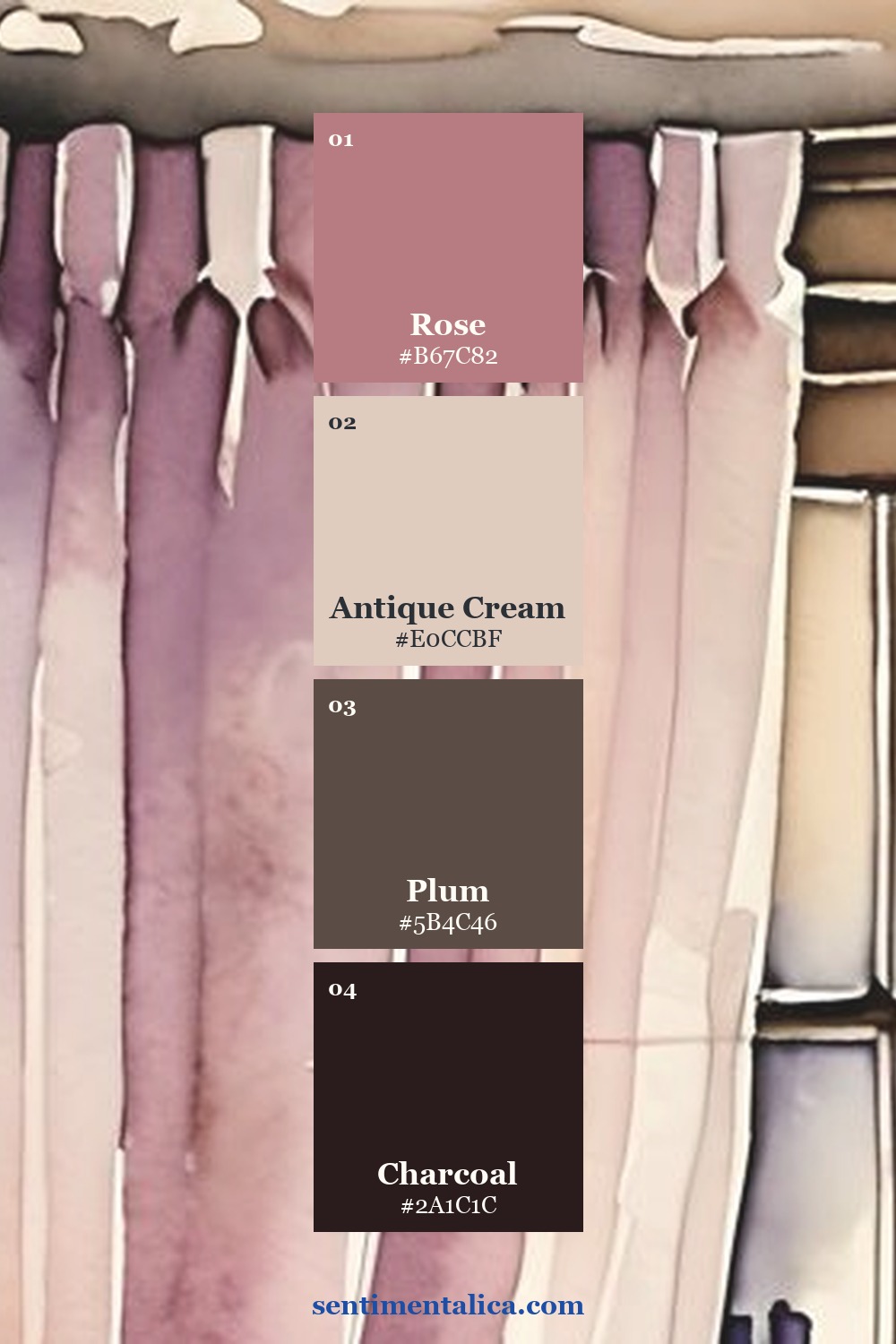 Rose, antique cream, plum, and charcoal cat memory journal palette