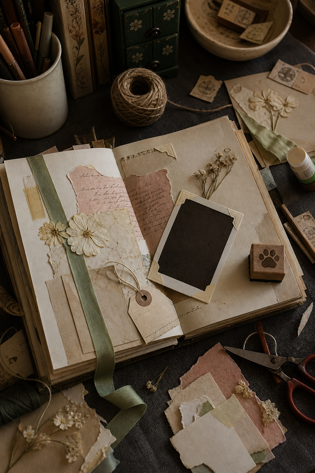 Realistic cat memory journaling process with photo corners, ribbon, date tag, flowers, and a paw stamp