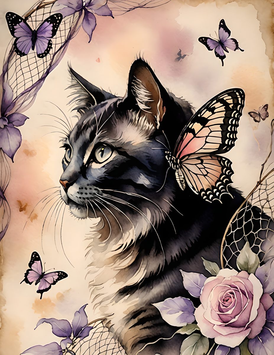 Whisker Bloom cat portrait with butterflies and a soft rose