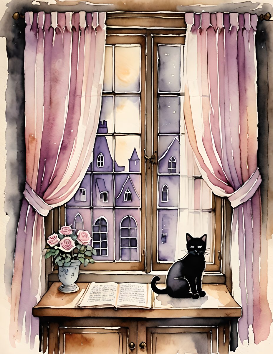Whisker Bloom black cat at a pink-curtained window