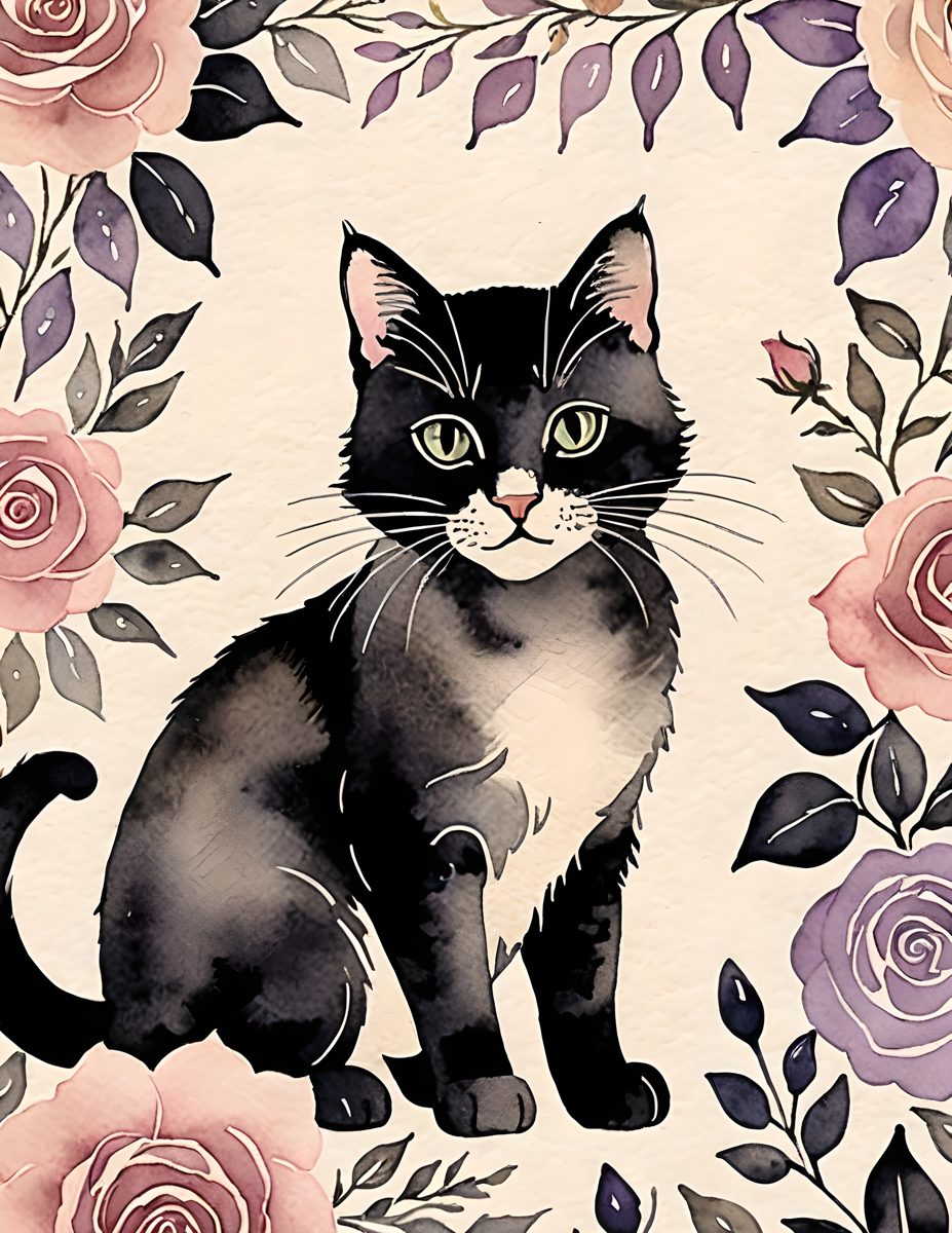 Whisker Bloom black cat framed by soft roses