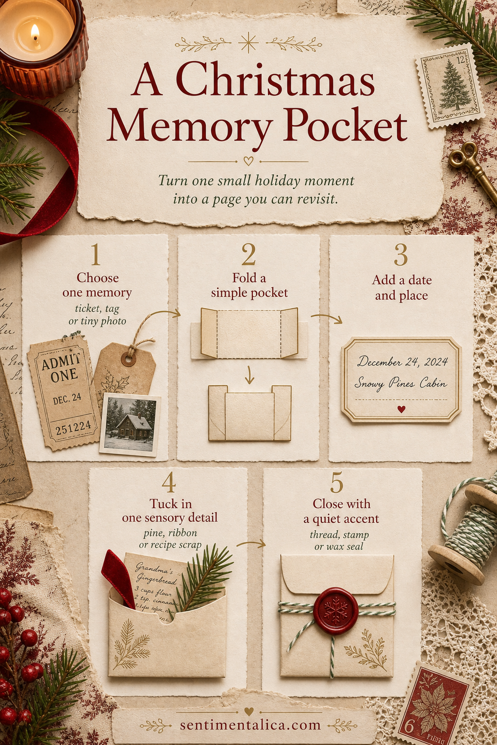 Five-step infographic for making a Christmas memory pocket