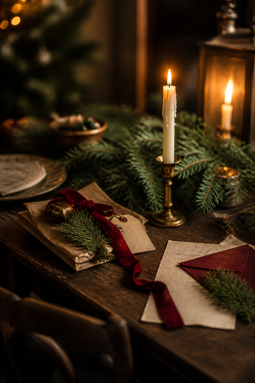 Candlelit Christmas craft table with evergreen ribbon and parchment