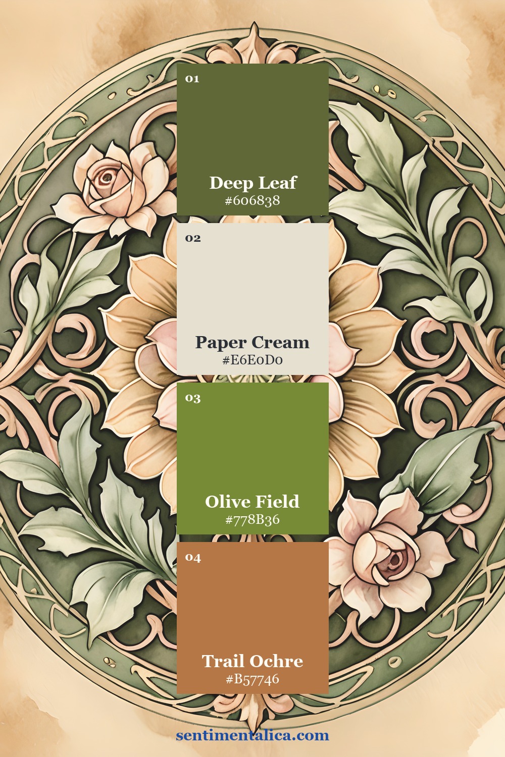 Nouveau Goddess floral palette with deep leaf, paper cream, olive, and ochre
