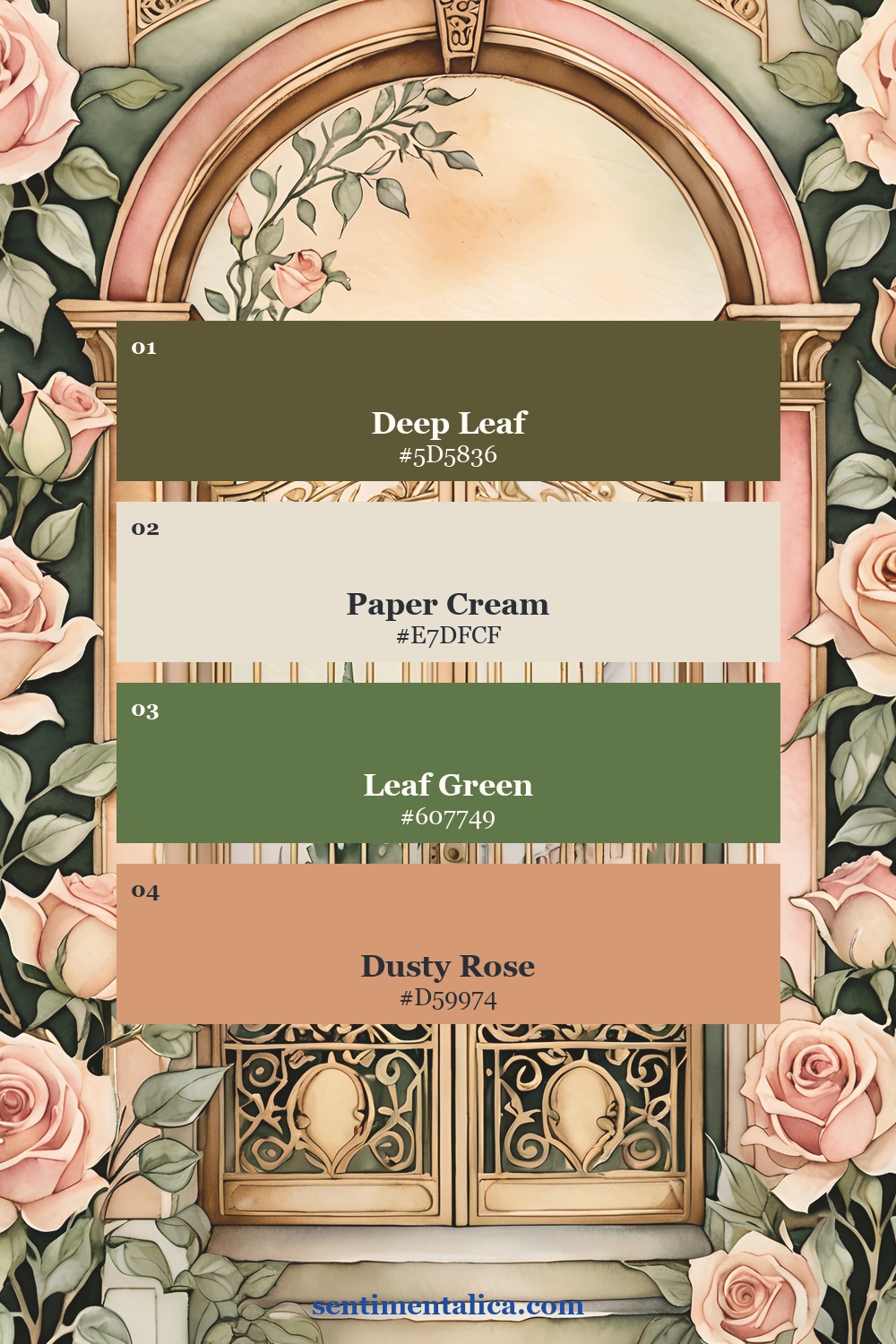 Nouveau Goddess rose-gate palette with green, cream, dusty rose, and leaf tones