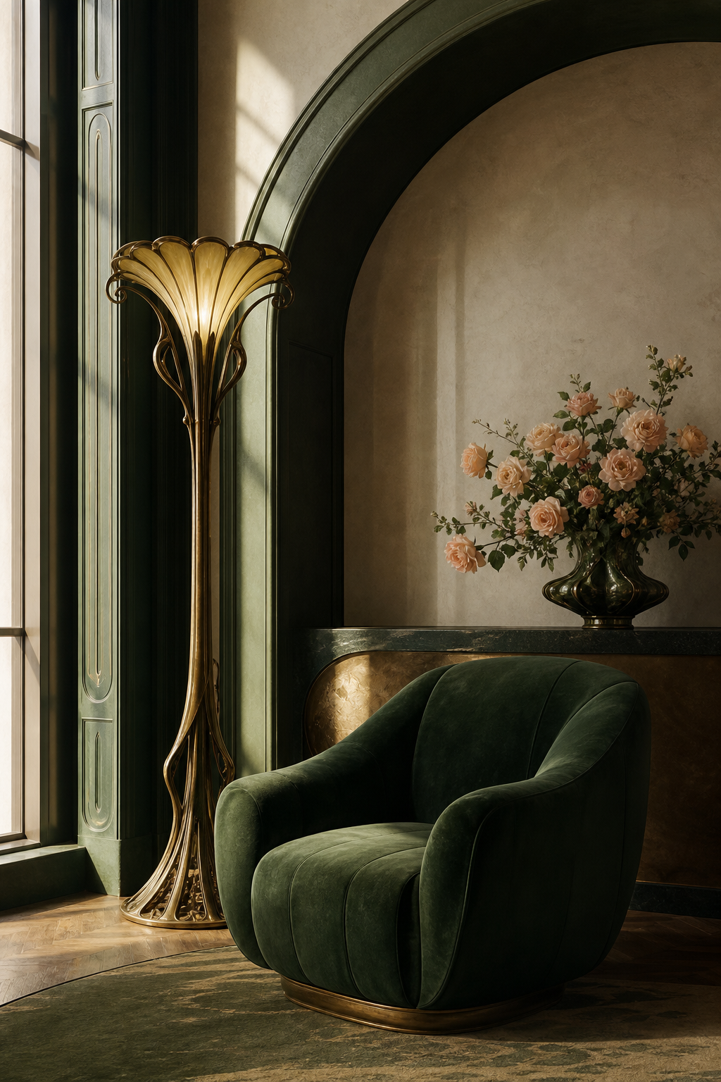 Powerful feminine Art Nouveau interior with deep green, brass, and peach roses