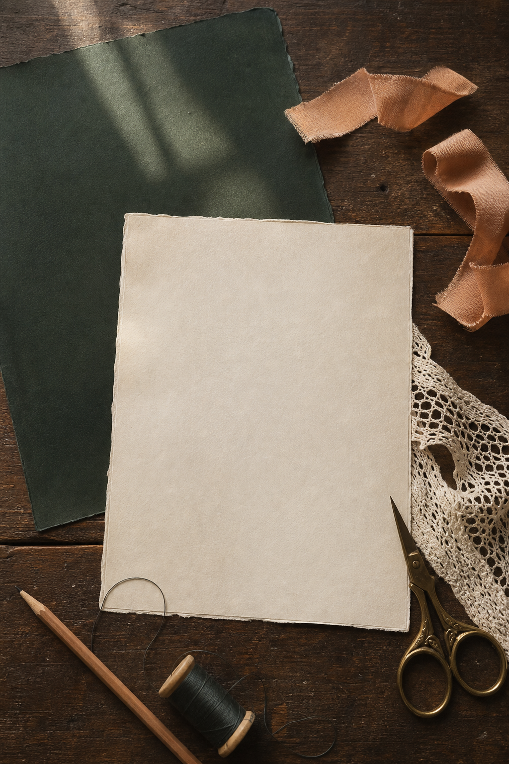 Junk journal process scene with cream paper, deep green anchor, ribbon, lace, and thread