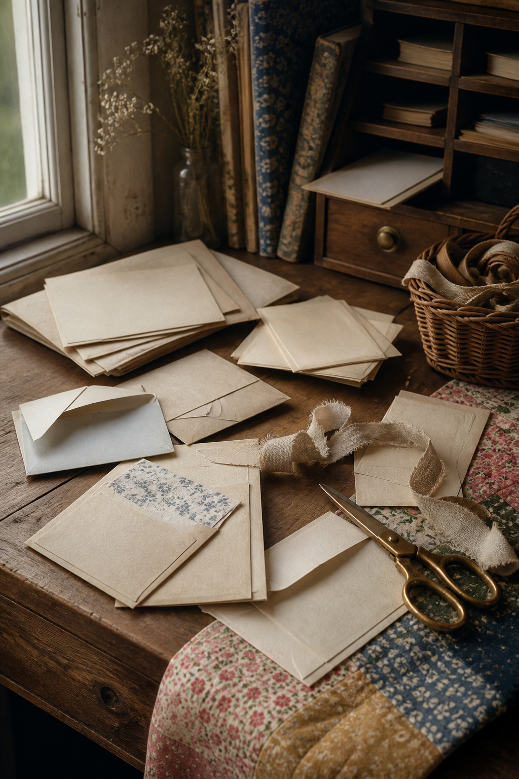 Quiet craft desk with cream envelopes, ribbon, papers, and brass scissors