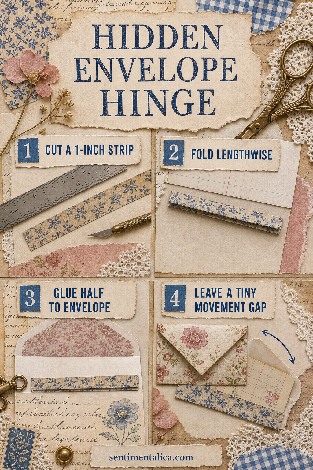 Four-step infographic showing how to cut, fold, glue, and gap a hidden envelope hinge