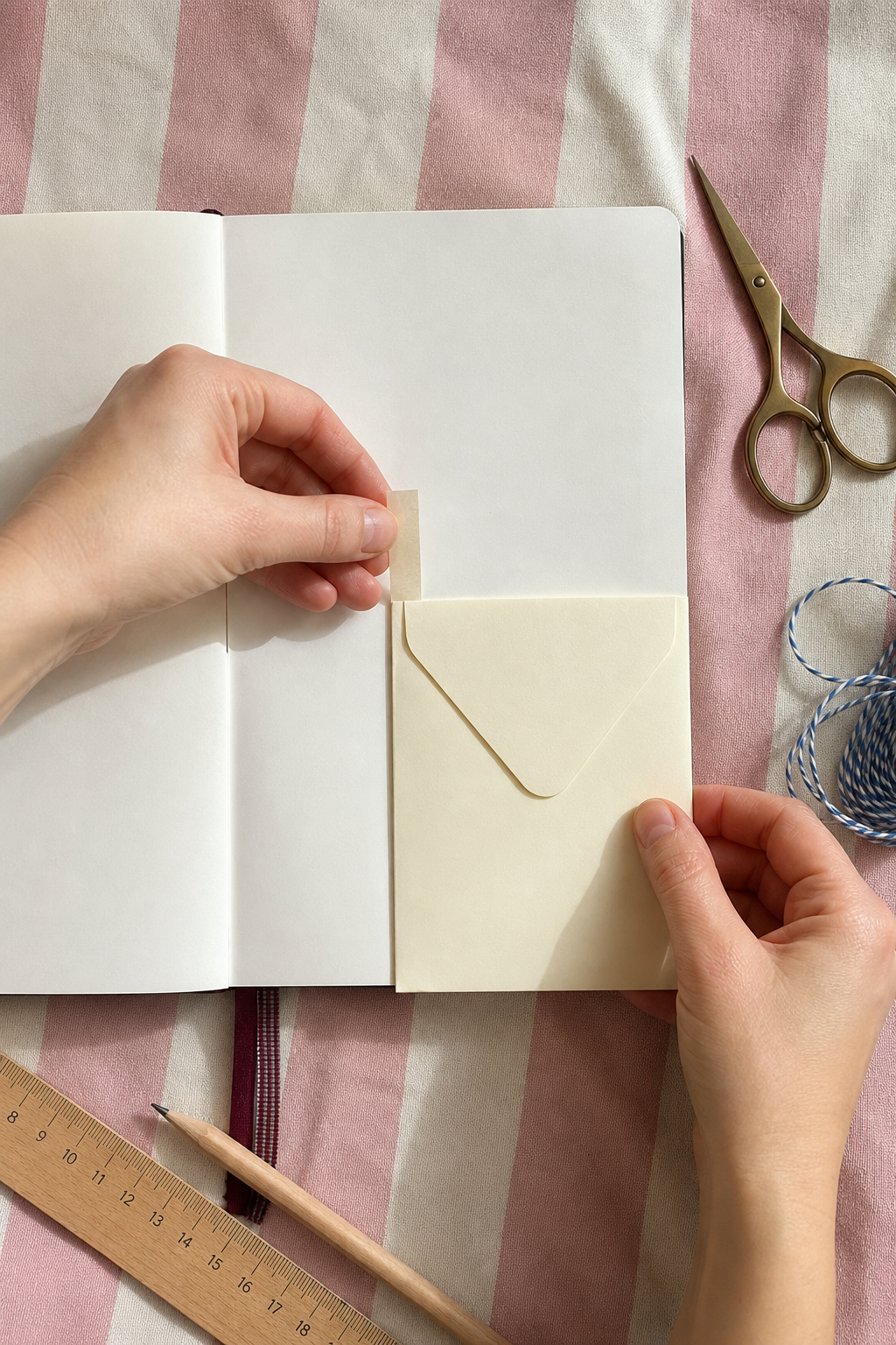 Hands attaching a cream envelope to a journal with a narrow paper hinge