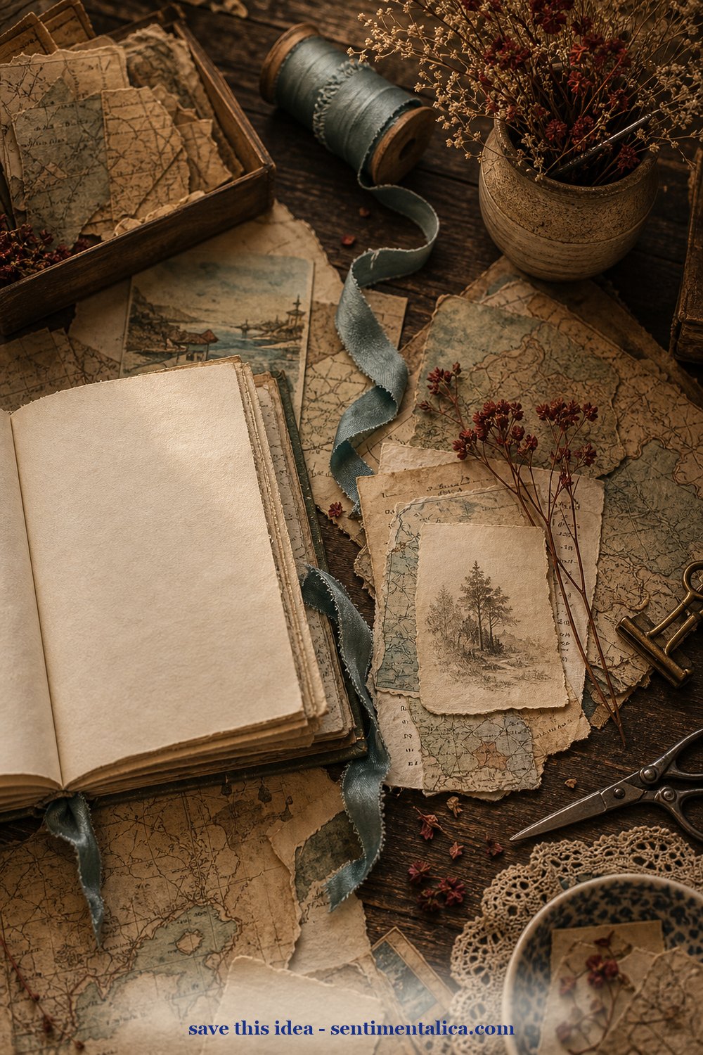 Realistic junk journal desk scene for building a sense of place
