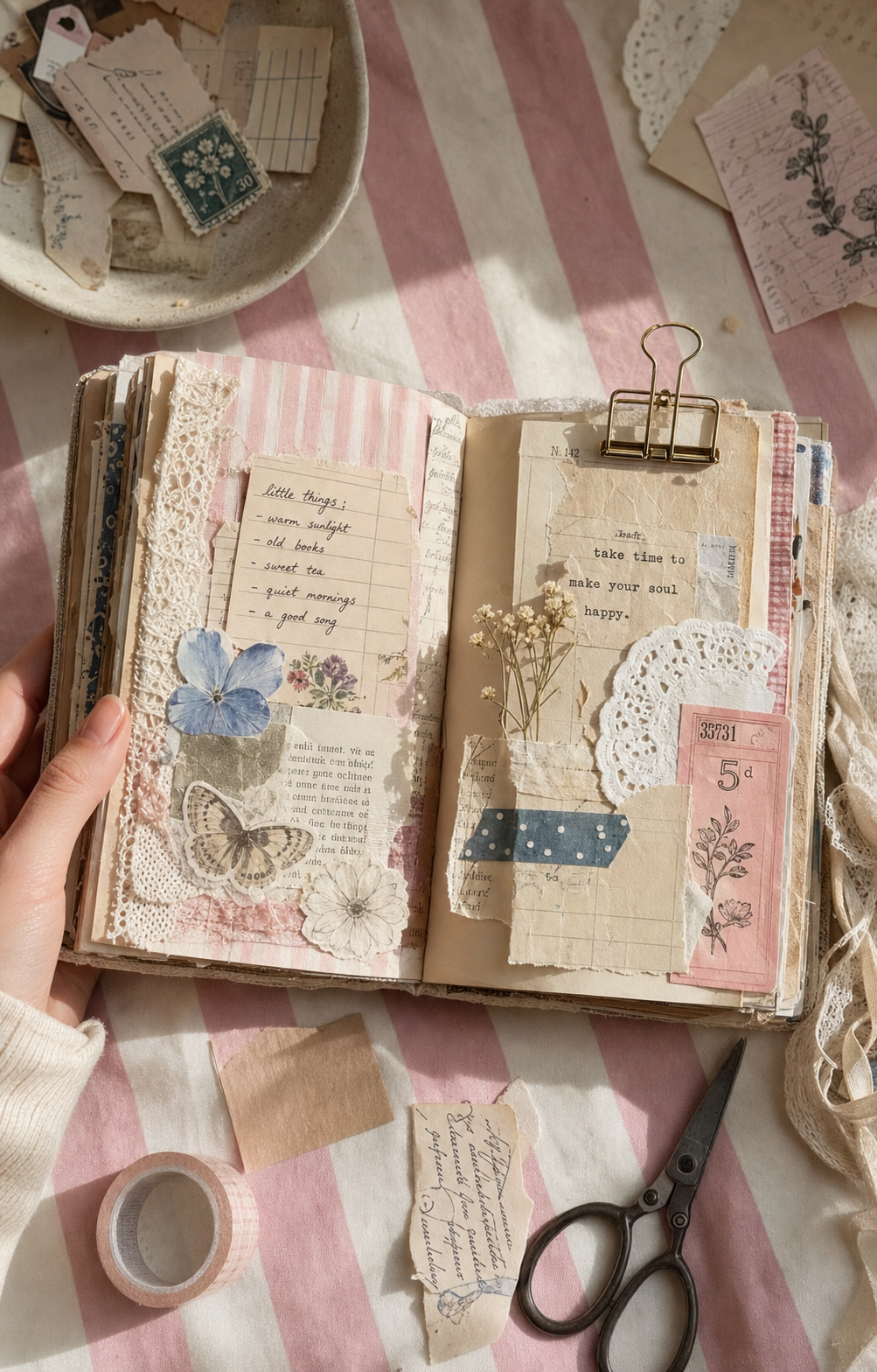 An open handmade junk journal on pink striped fabric with lace, paper scraps, scissors, washi tape, and a partial hand
