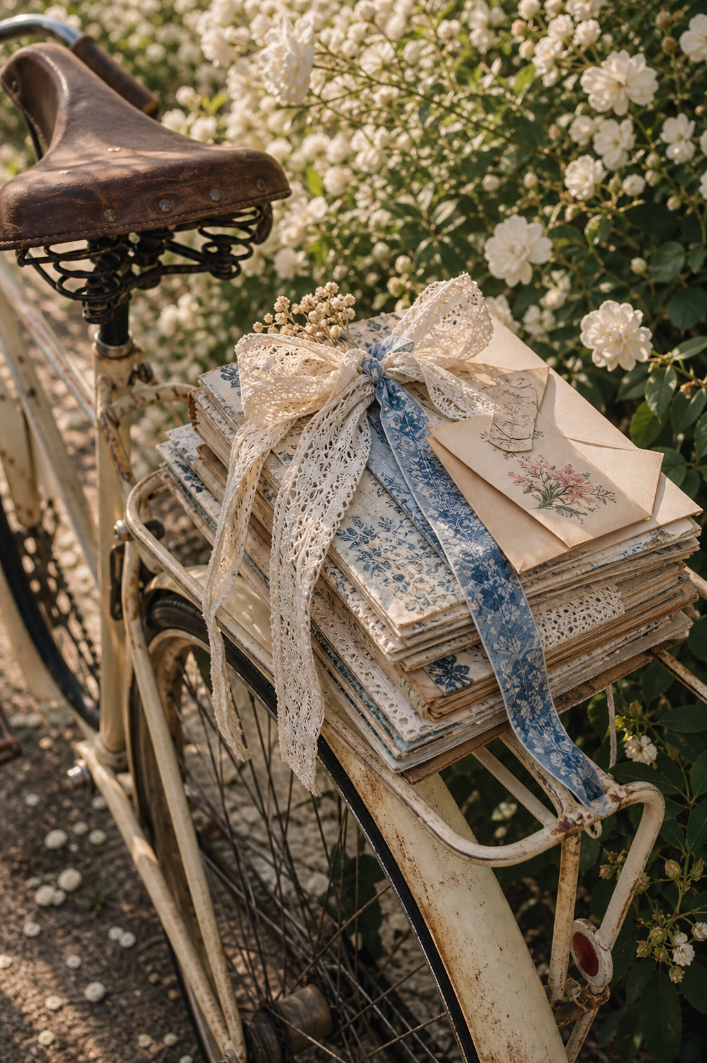 A cream vintage bicycle with handmade journals, lace, blue ribbon, and antique papers on the rear rack in a blooming garden