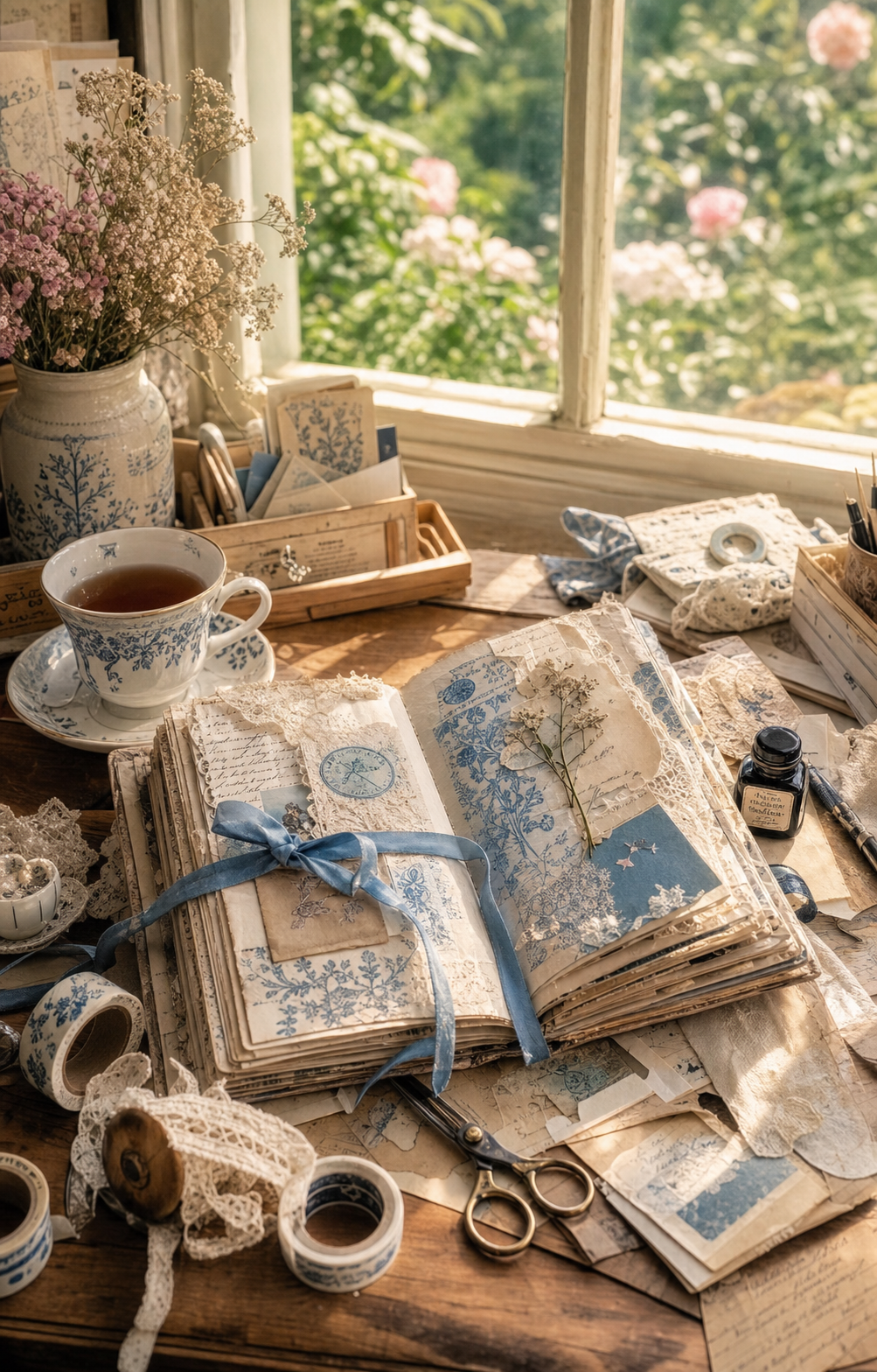 A cozy desk by a garden window with an open blue-and-cream junk journal, tea, lace, dried flowers, ink, scissors, and paper scraps