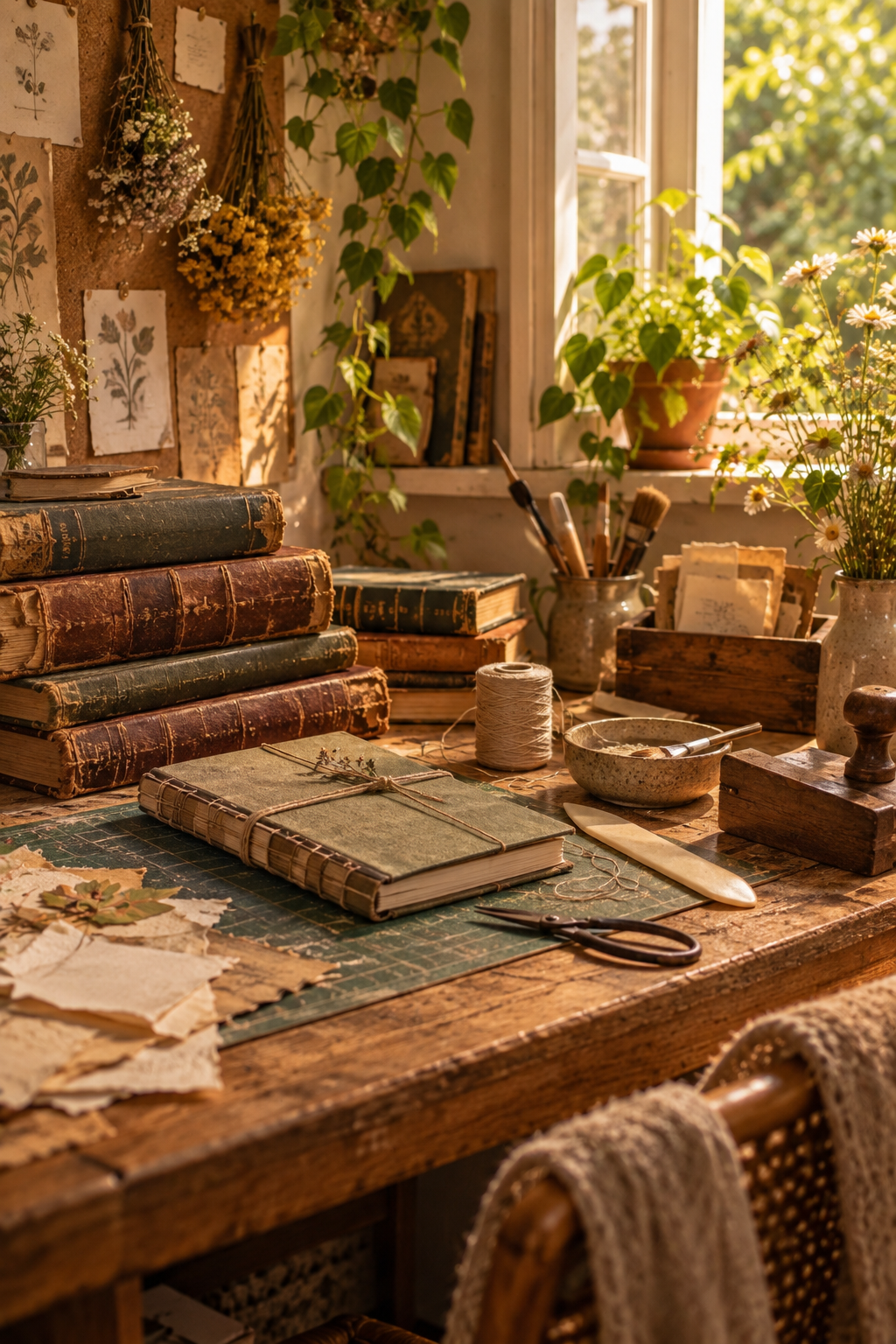 A golden old-book restoration corner with linen thread and a handmade journal