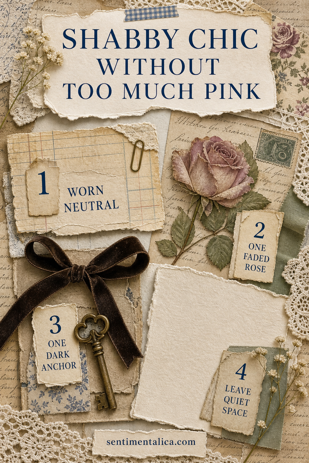 Shabby chic journal infographic showing how to balance faded rose, dark contrast, worn texture, and quiet space