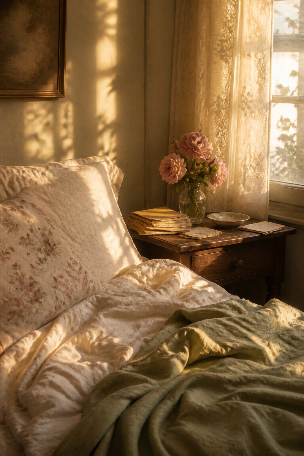 Soft shabby chic bedroom with cream linen, faded roses, a sage throw, and warm window light