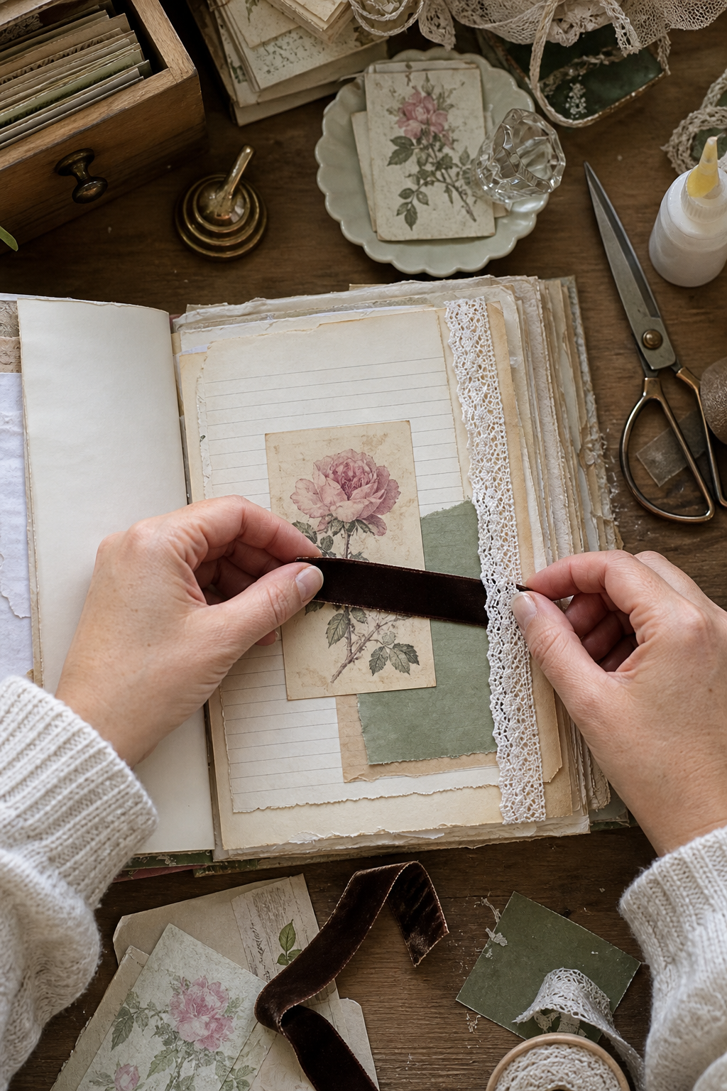 Hands layering a rose clipping, dark ribbon, lace, and sage paper on a shabby chic journal page