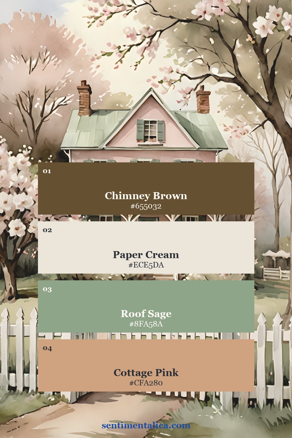 Cream, cottage pink, and weathered brown color palette sampled from a Rose Cottage page