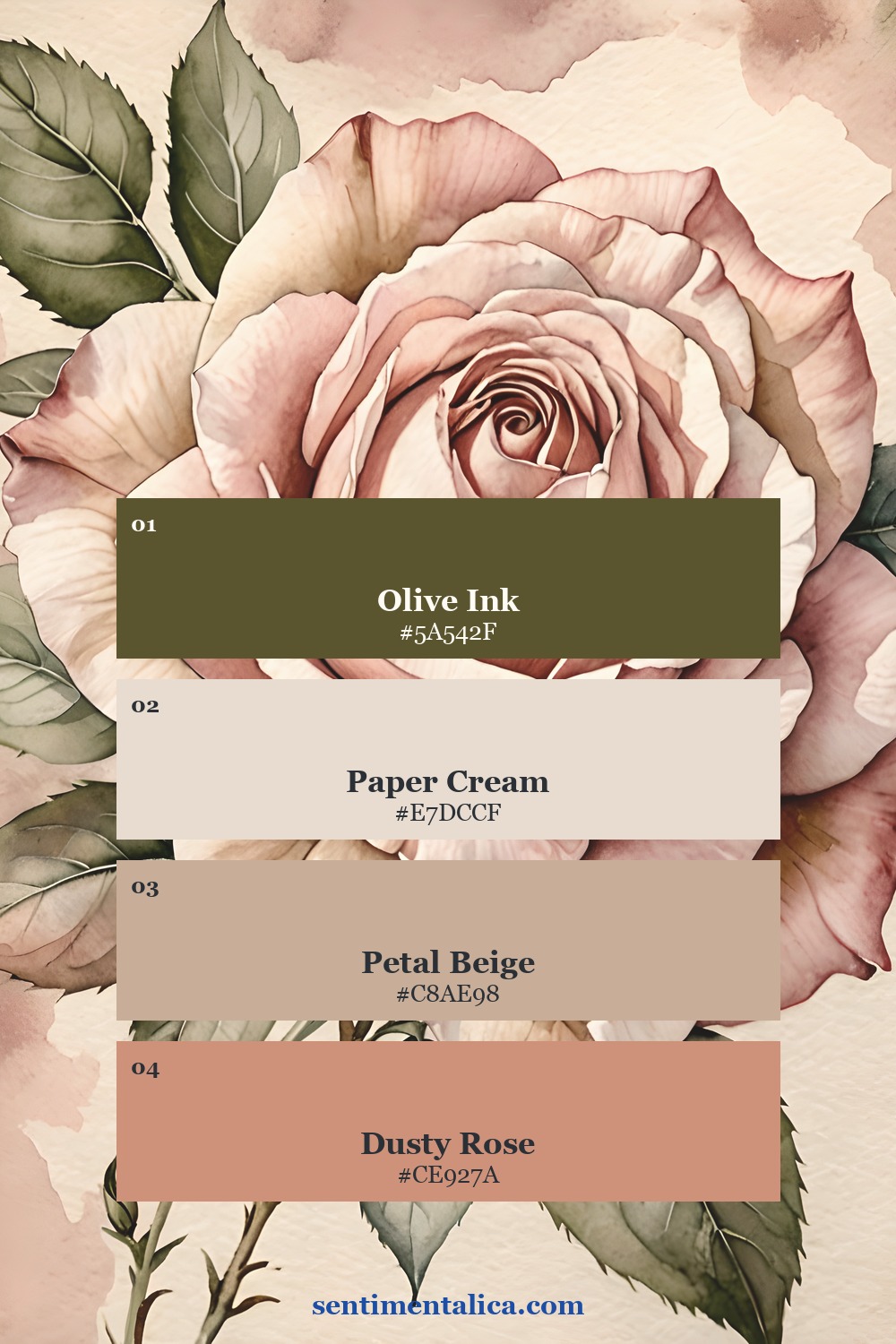 Dusty rose and olive shabby chic color palette sampled from a Rose Cottage page
