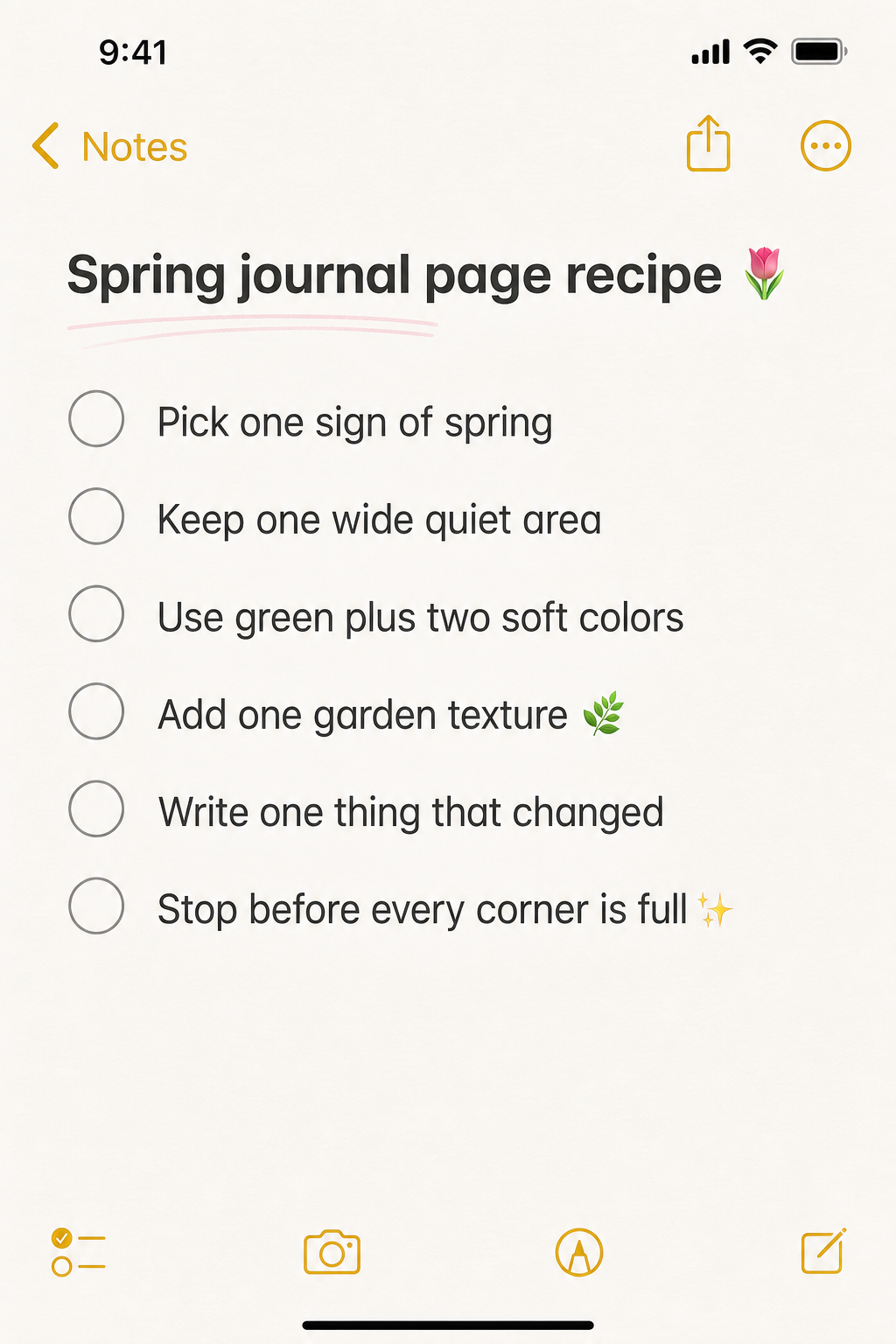 Cute iPhone Notes checklist for making a fresh spring junk journal page