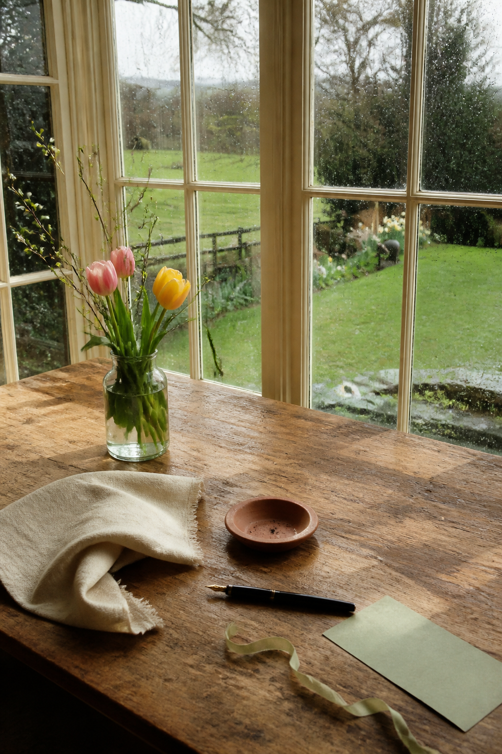 Rain-washed spring table by a garden window with tulips, linen, ribbon, and a pen