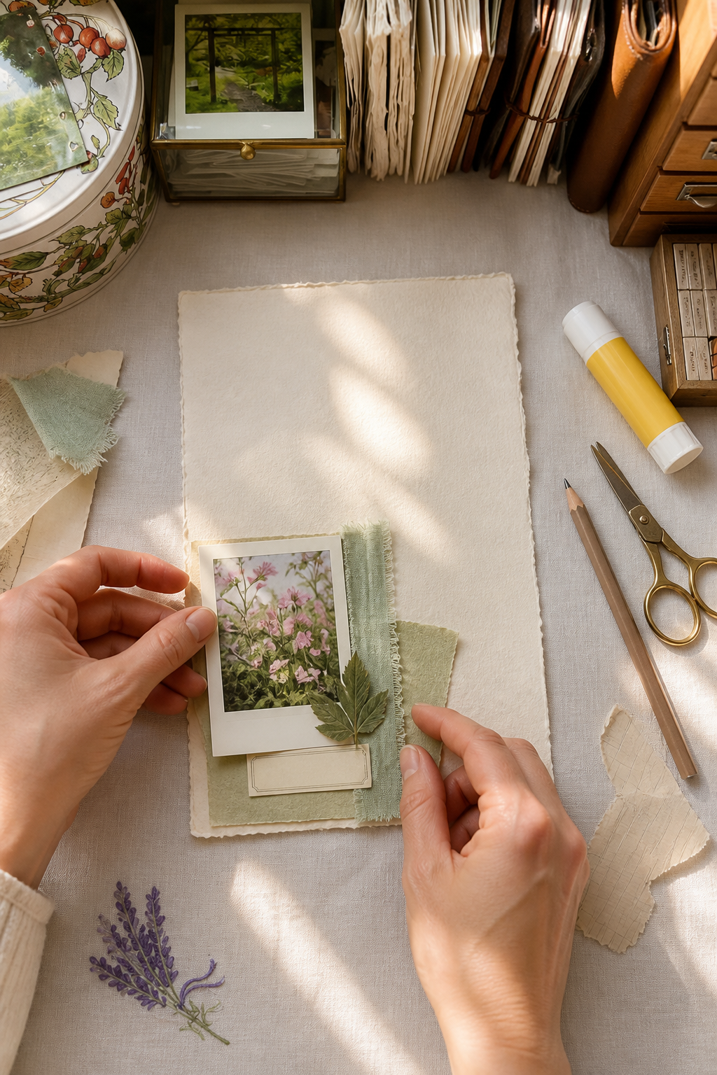 Hands arranging a restrained spring journal cluster on a page with generous blank space