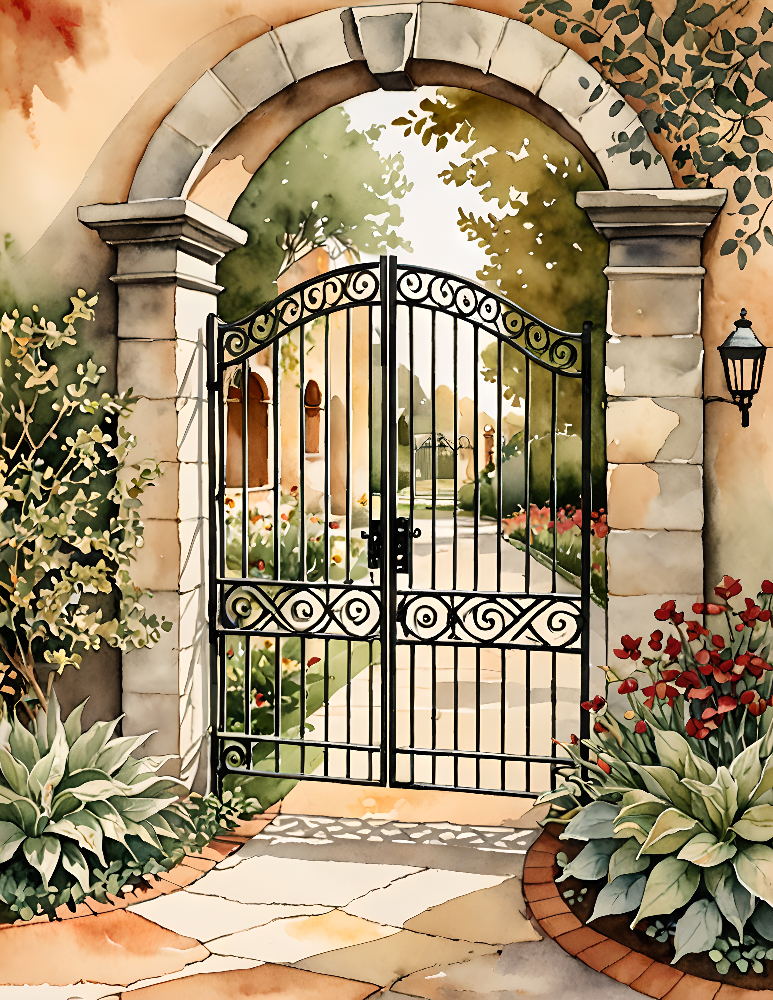 Real Garden Gate printable page with a stone arch and iron garden gate