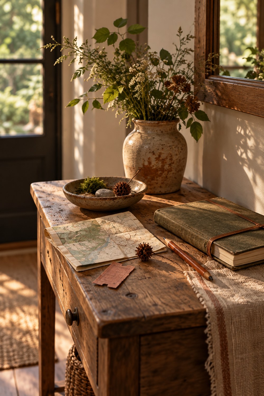Atmospheric an entryway table after the walk in moss, flax, stone, and faded rust
