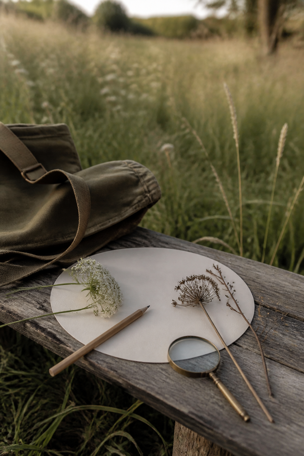 Meadow field kit with circular chart paper bloom seed head and twig