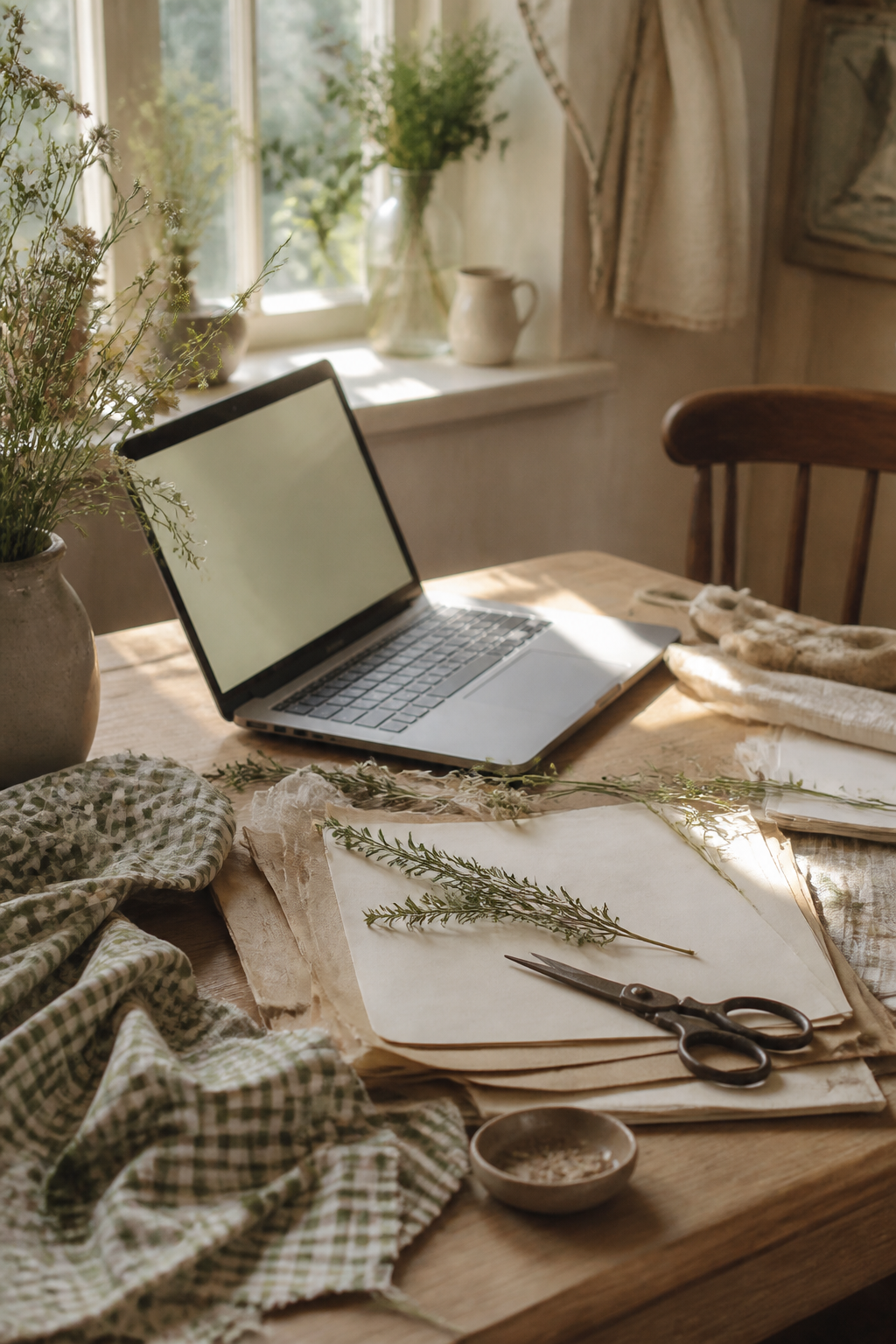Sunlit cottage craft table with gingham herbs paper and laptop