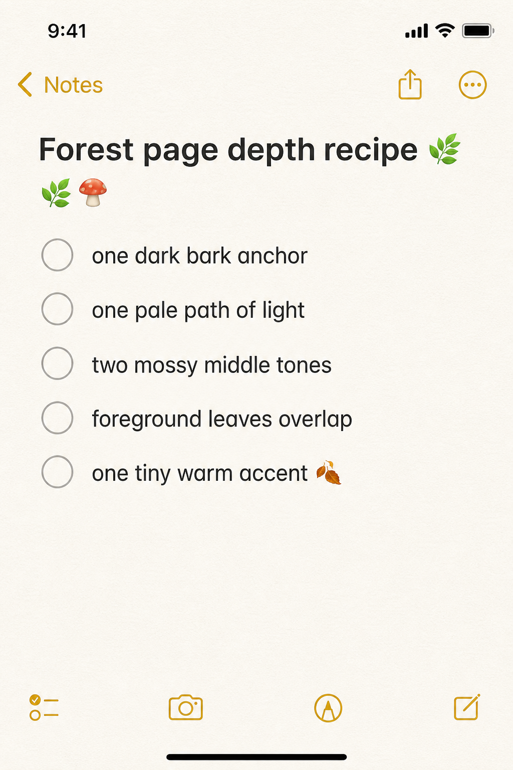 Cute iPhone Notes checklist for creating depth in a forest journal page